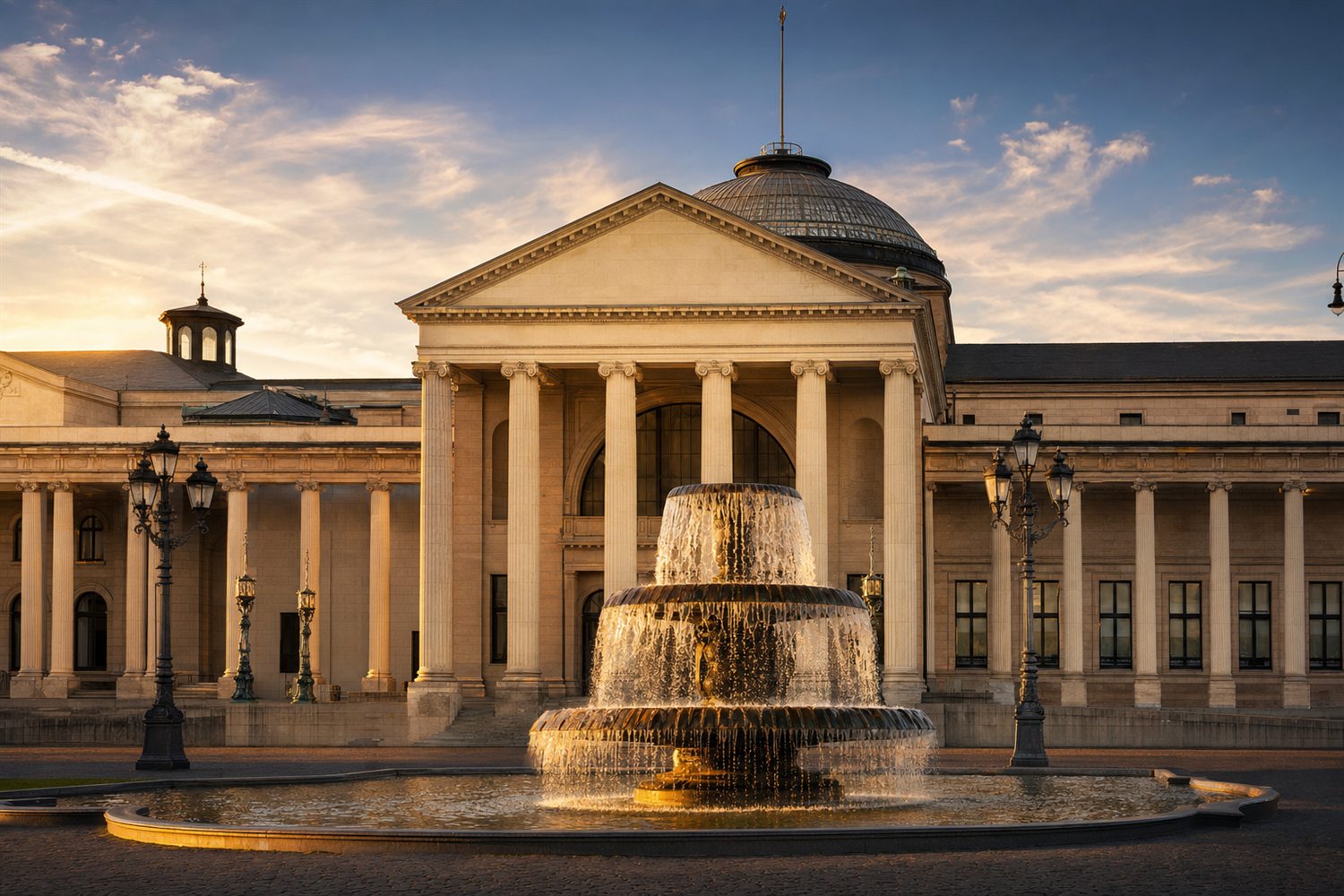 Die klassizistische S&auml;ulenfassade des Kurhauses Wiesbaden im Abendlicht &ndash; Diamant-Ankauf Region Wiesbaden
