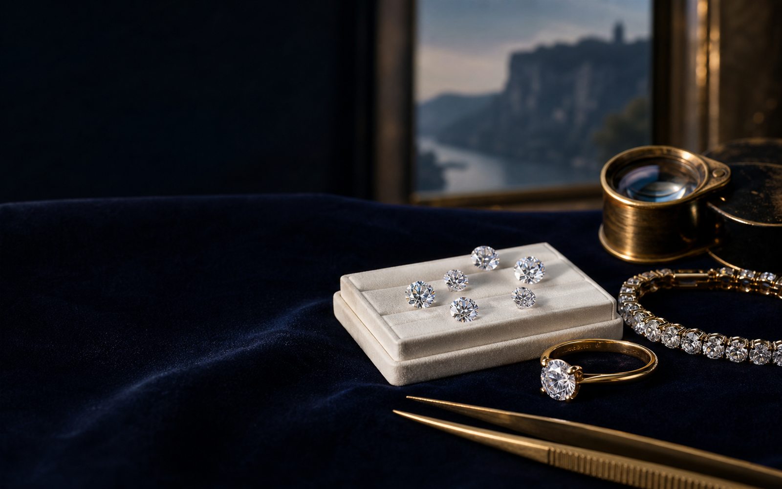 Lose Brillanten auf einem Steinpapier, ein Solit&auml;rring und ein Diamantarmband auf dunklem Samt, daneben Lupe und Pinzette, im Hintergrund die Doppelturm-Silhouette des Wittener Doms &ndash; Diamant verkaufen Witten