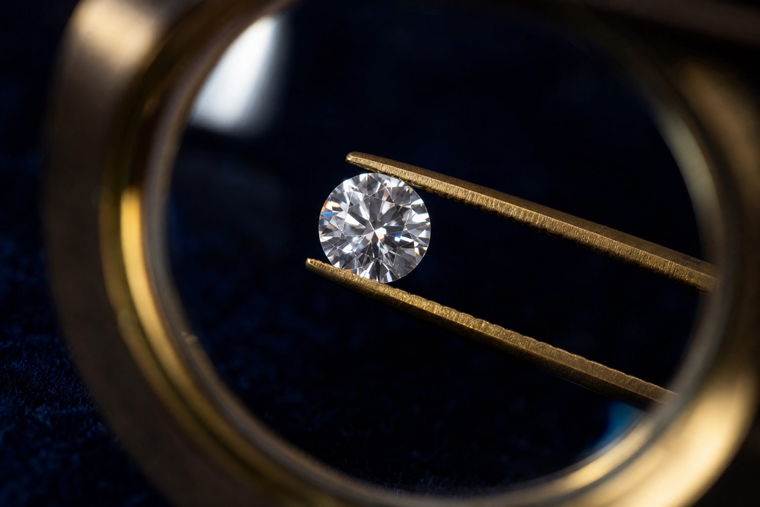 Loser Brillant in einer Pinzette unter der Lupe betrachtet auf dunklem Samt &ndash; Diamant-Bewertung nach den 4 C in Witten