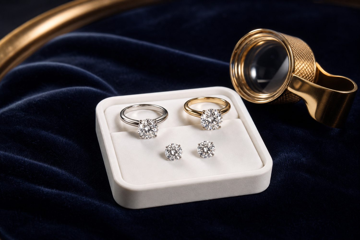 Zwei Diamant-Solit&auml;rringe und Diamant-Ohrstecker auf einem hellen Steintablett auf dunklem Samt &ndash; Diamantschmuck-Ankauf Witten