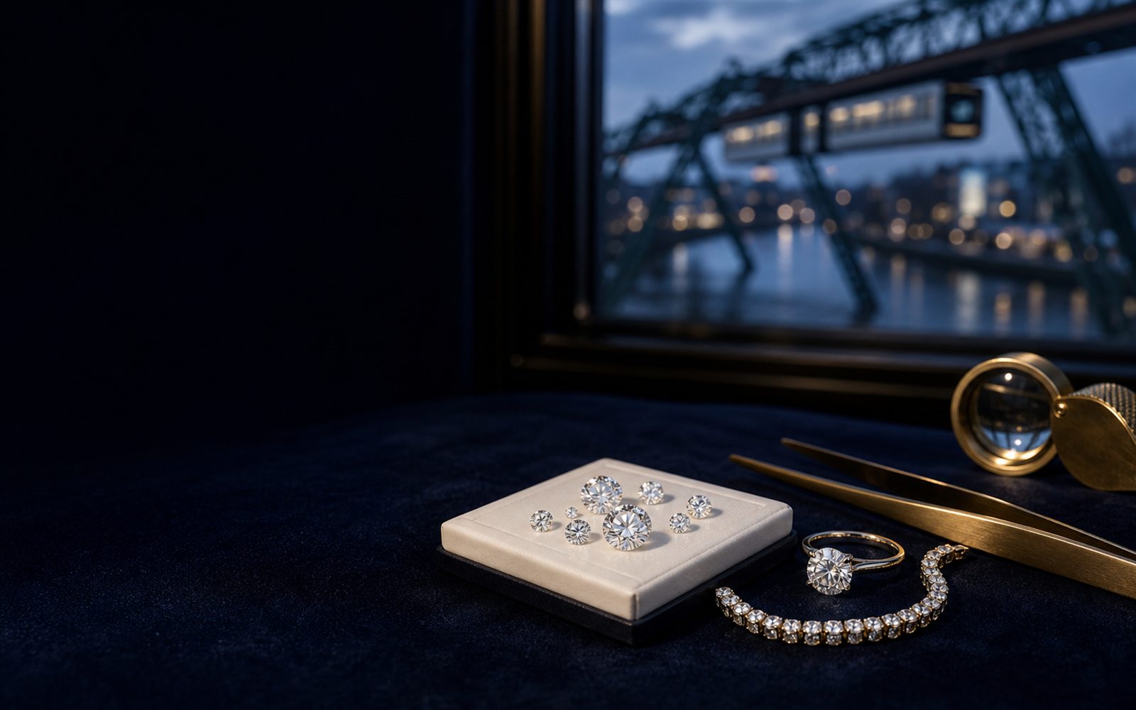 Lose Brillanten auf einem Steinpapier, ein Solit&auml;rring und ein Diamantarmband auf dunklem Samt, daneben Lupe und Pinzette, im Hintergrund die Schwebebahn &uuml;ber der Wupper &ndash; Diamant verkaufen Wuppertal