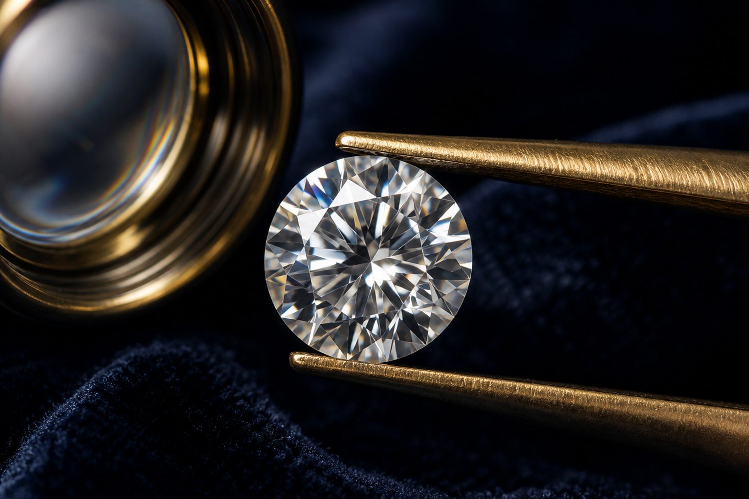 Loser Brillant in einer Pinzette unter der Lupe betrachtet auf dunklem Samt &ndash; Diamant-Bewertung nach den 4 C in Wuppertal