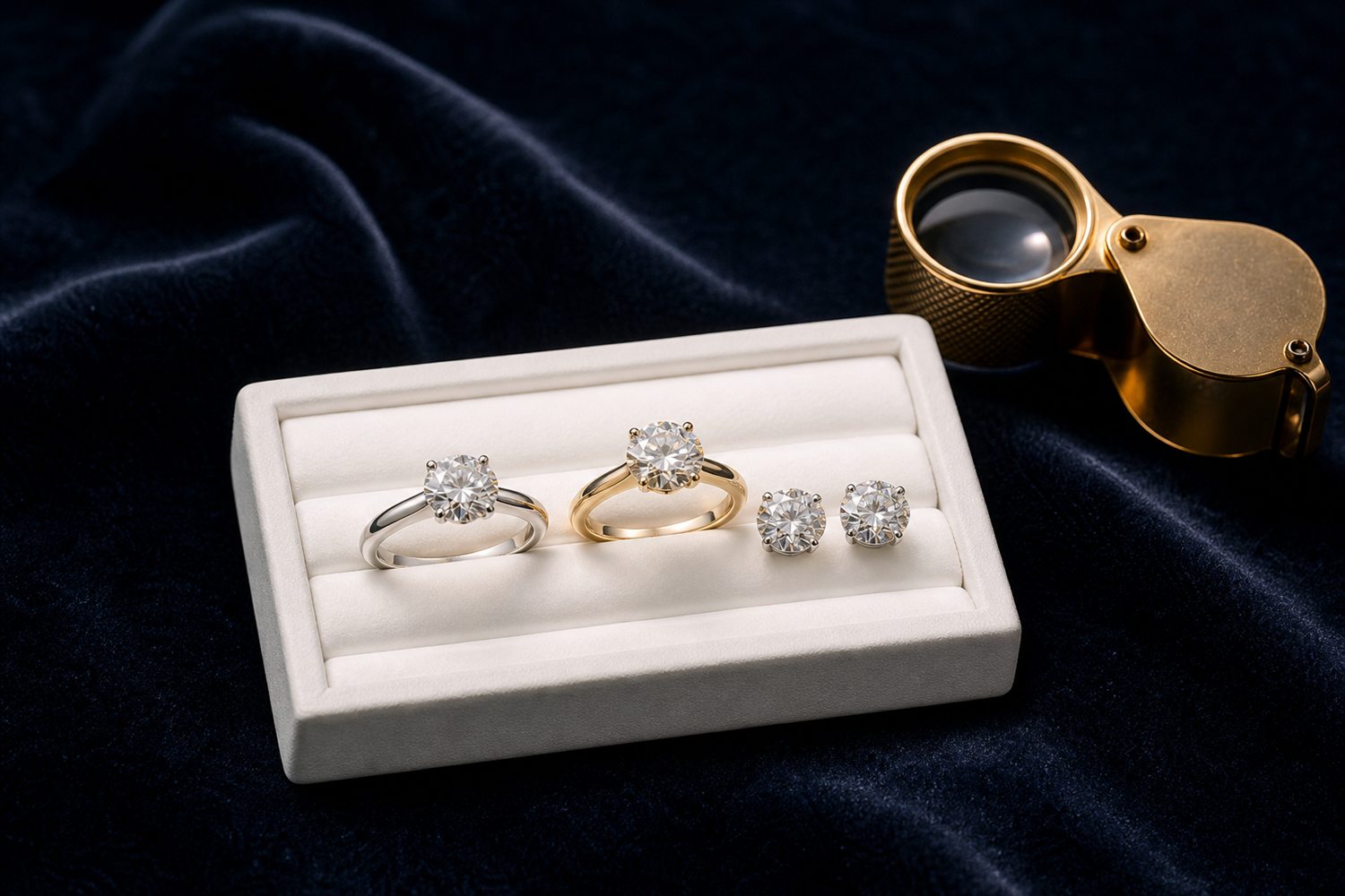 Zwei Diamant-Solit&auml;rringe und Diamant-Ohrstecker auf einem hellen Steintablett auf dunklem Samt &ndash; Diamantschmuck-Ankauf Wuppertal