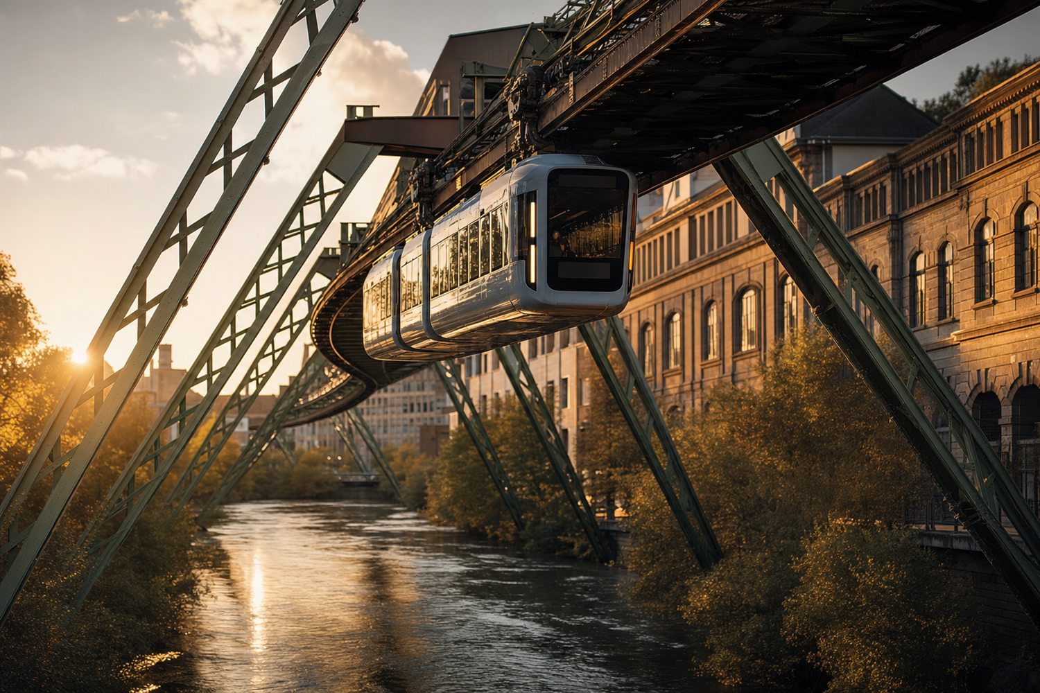 Die Wuppertaler Schwebebahn &uuml;ber der Wupper im Abendlicht &ndash; Diamant-Ankauf Region Wuppertal