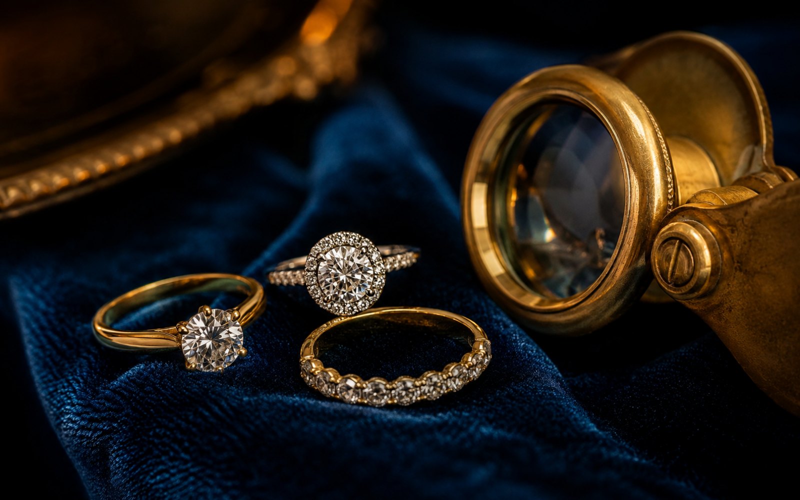 Diamantringe, Solit&auml;r, Halo und Memoire-Ring in Gold und Wei&szlig;gold auf blauem Samt mit Lupe