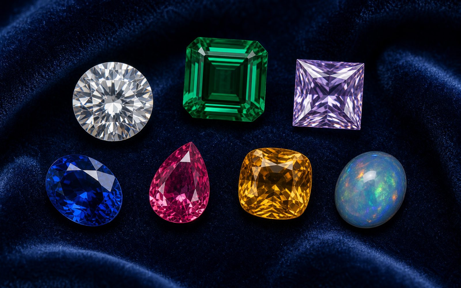 Lose Edelsteine verschiedener Schliffarten auf dunkelblauem Samt &ndash; Brillant, Smaragd, Princess, Oval, Tropfen, Kissen und Cabochon