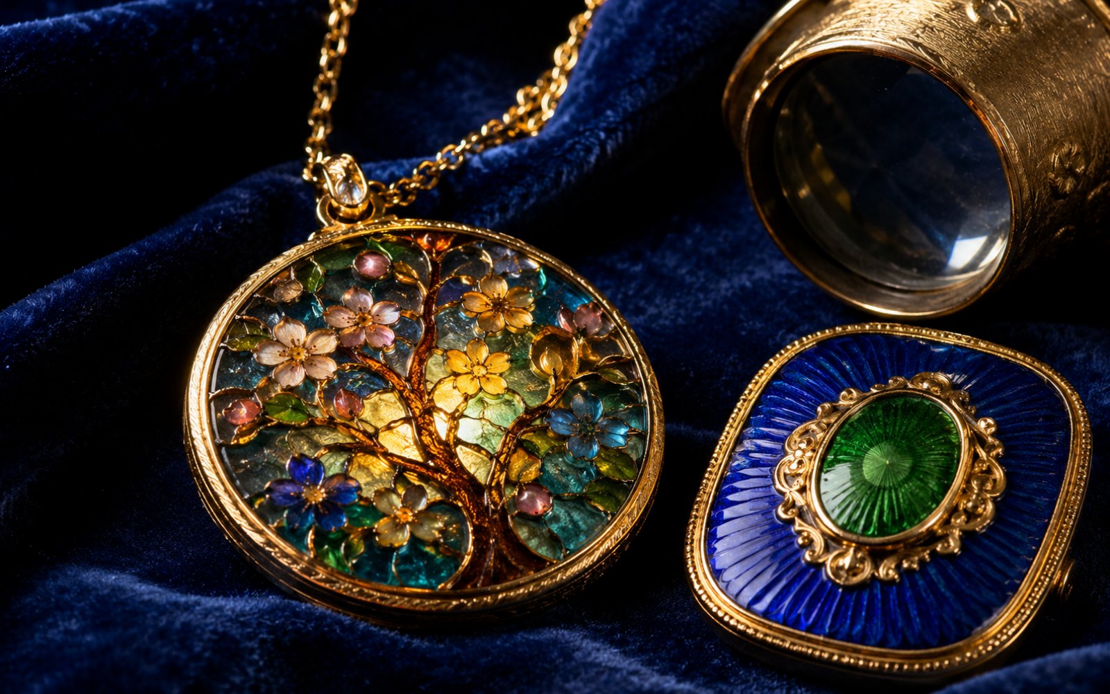 Emaille-Schmuck mit Plique-&agrave;-jour- und Guilloch&eacute;-Email auf blauem Samt