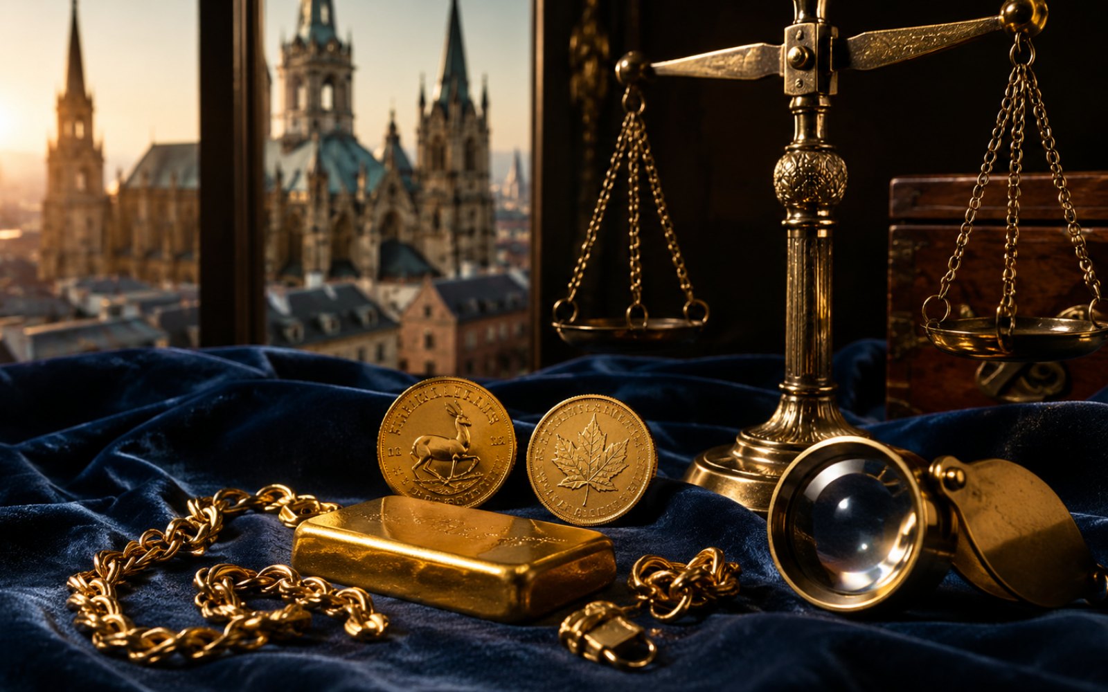 Schwere Goldkette, Aachener Professoren-Siegelring und Krügerrand-Münze auf einer Walnuss-Schreibtischplatte in Aachen-Burtscheid, Bewertungs-Lupe daneben, Tageslicht durch Sprossenfenster.