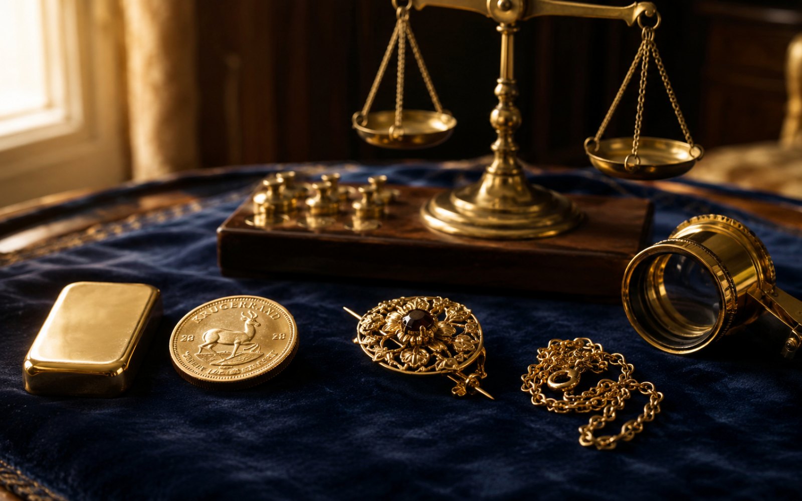 Schwere Goldkette, gravierter Siegelring und Krügerrand-Münze auf einer Walnuss-Schreibtischplatte in einer Bensberger Villa nahe Schloss Bensberg, Bewertungs-Lupe daneben.