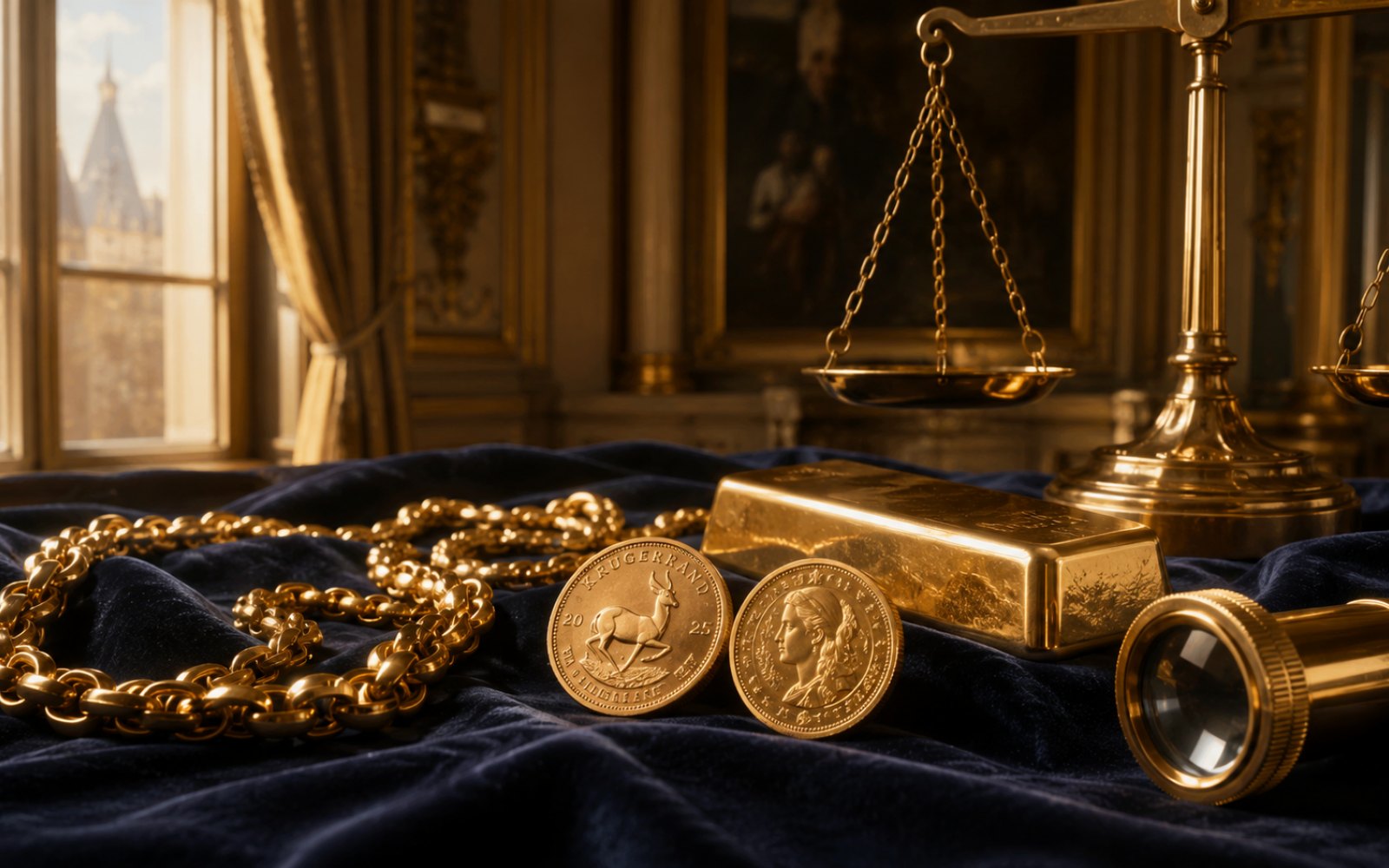 Schwere Goldkette, gravierter Trauring und Krügerrand-Münze auf einer Schreibtischplatte in einem Bergisch Gladbacher Haus in Heidkamp, Bewertungs-Lupe daneben.