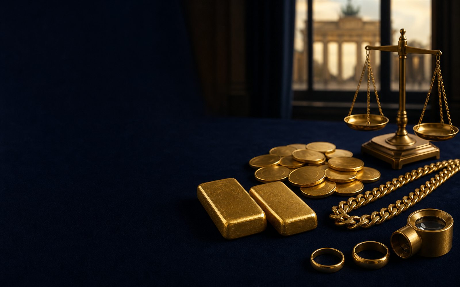 Goldbarren, Goldm&uuml;nzen und 750er Goldkette auf dunklem Samt, daneben Juwelierslupe und Feinwaage, im Hintergrund eine Berliner Stadtsilhouette &ndash; Goldankauf in Berlin