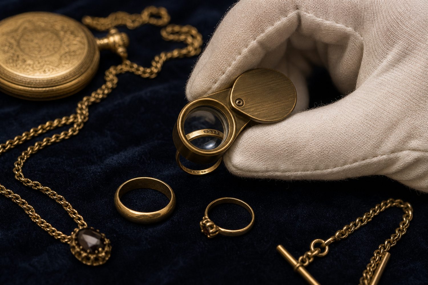 Wei&szlig; behandschuhte Hand pr&uuml;ft mit der Lupe die Punze eines Goldrings, daneben Goldketten und eine Taschenuhr auf Samt &ndash; Goldbewertung in Berlin