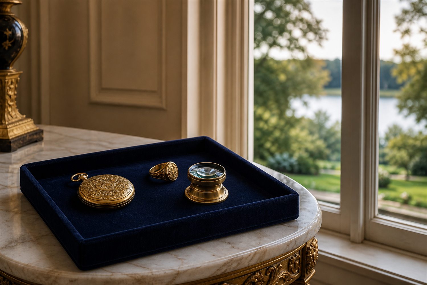 Marmortisch am Fenster einer Berliner Villa im Grunewald mit Samttablett, Goldst&uuml;cken und Lupe, Blick auf Villeng&auml;rten am See &ndash; Hausbesuch Goldankauf Berlin