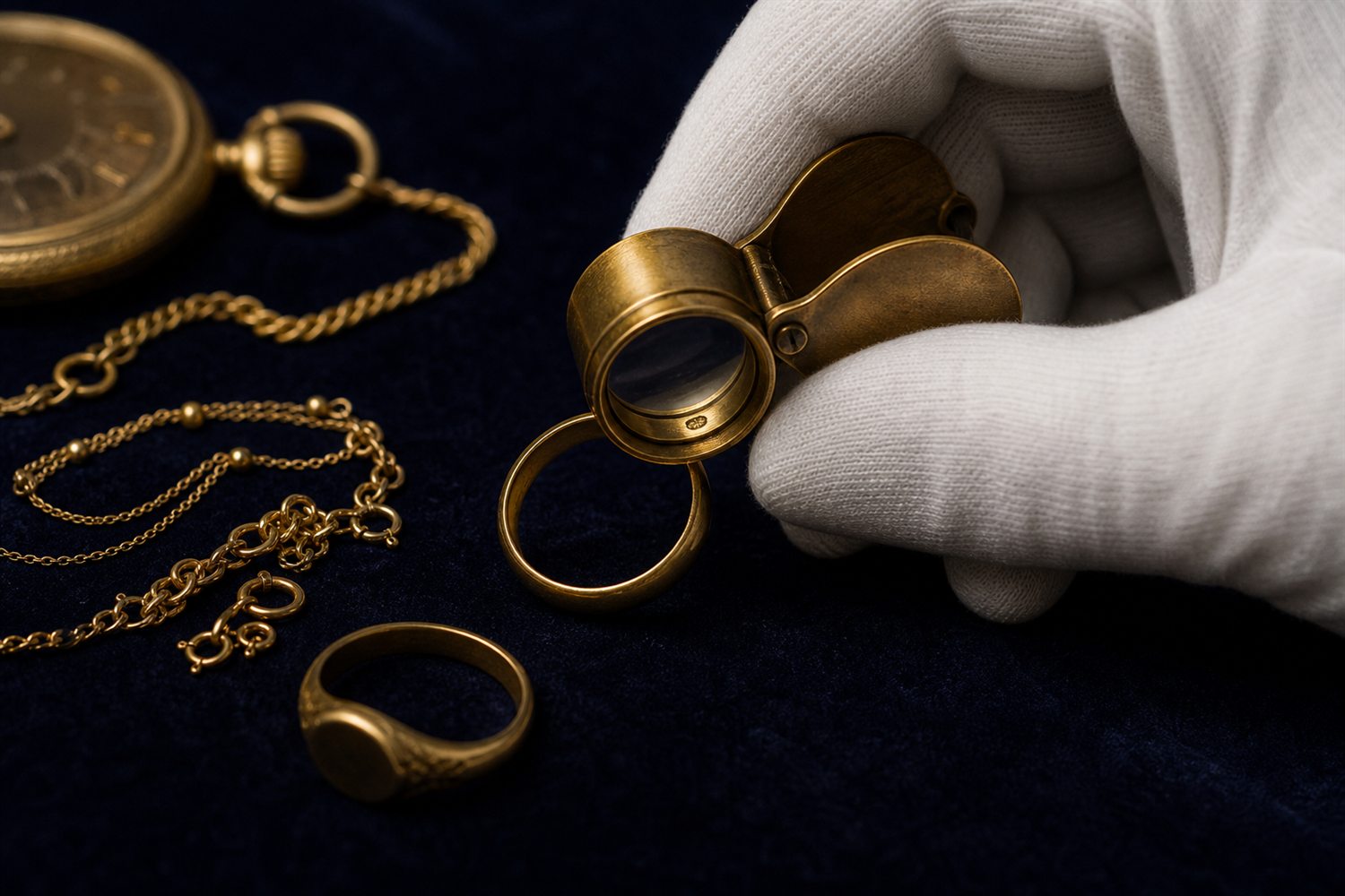 Wei&szlig; behandschuhte Hand pr&uuml;ft mit der Lupe die Punze eines Goldrings, daneben Goldketten und eine Taschenuhr auf Samt &ndash; Goldbewertung in Brandenburg