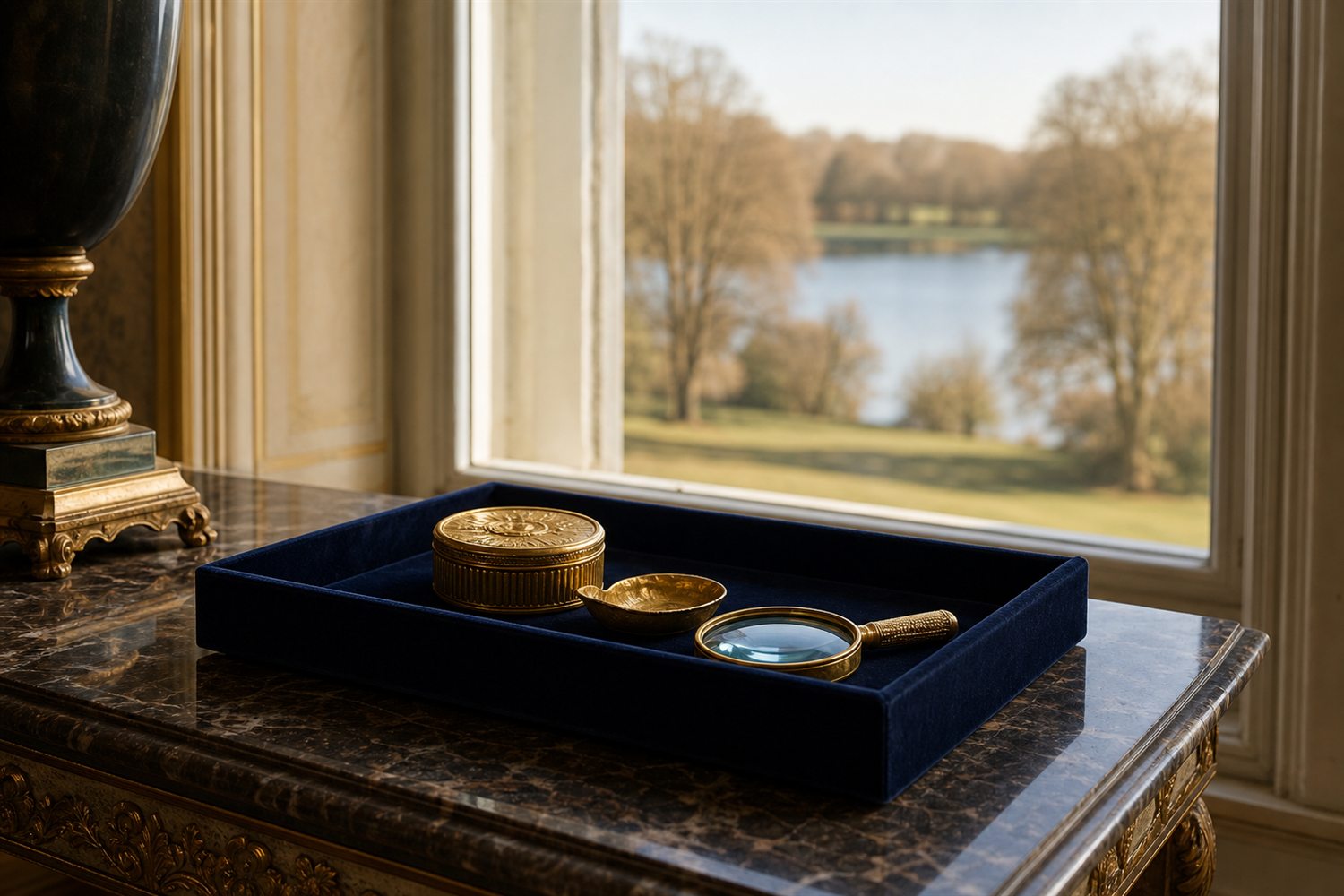 Tisch am Fenster eines brandenburgischen Gutshauses mit Samttablett, Goldst&uuml;cken und Lupe, Blick auf weite Felder und Alleen &ndash; Hausbesuch Goldankauf Brandenburg