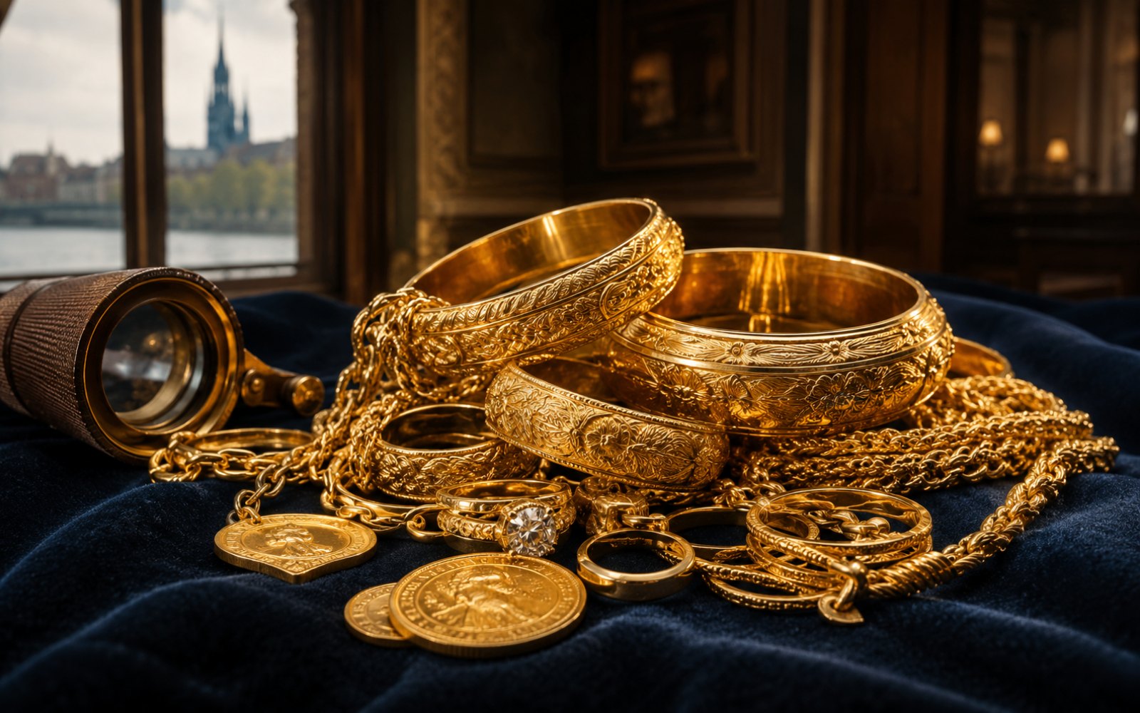 Hausbesuch in Dortmund-Hörde am Phoenixsee, antike Goldkette und Krügerrand-Münze auf einem Holztisch, Tageslicht durch Sprossenfenster und Bewertungs-Lupe.