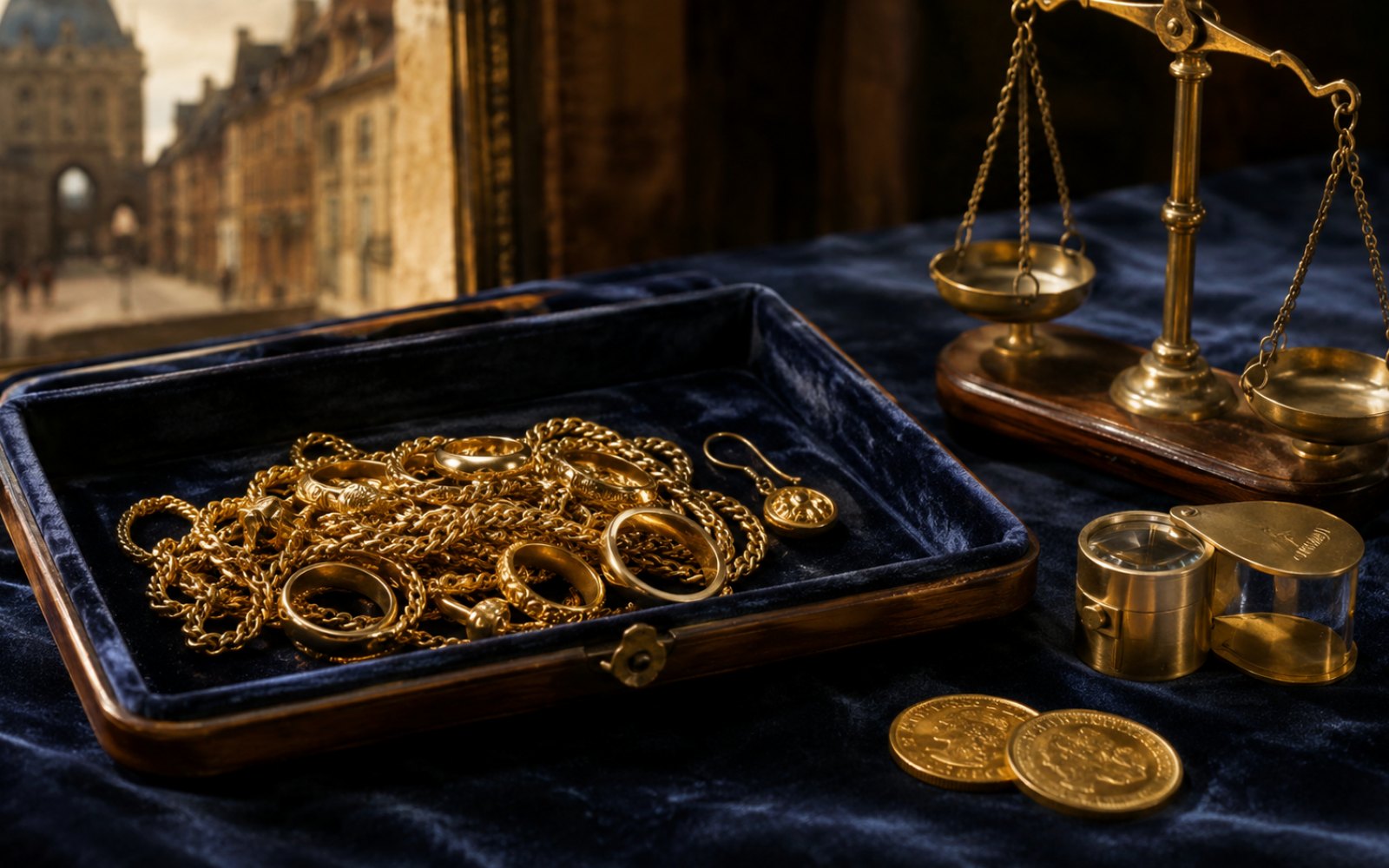 Schwere Goldkette, gravierter Trauring und Krügerrand-Münze auf einer Schreibtischplatte in einem Euskirchener Haus, Bewertungs-Lupe daneben, Tageslicht durch Sprossenfenster.