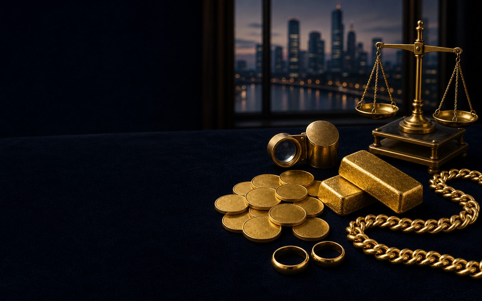 Goldbarren, Goldm&uuml;nzen und 750er Goldkette auf dunklem Samt, daneben Juwelierslupe und Feinwaage, im Hintergrund die Frankfurter Bankenskyline &ndash; Goldankauf in Frankfurt