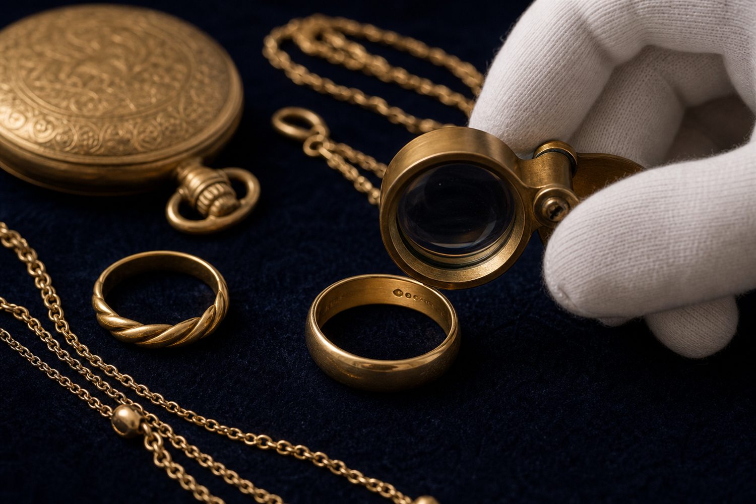 Wei&szlig; behandschuhte Hand pr&uuml;ft mit der Lupe die Punze eines Goldrings, daneben Goldketten und eine Taschenuhr auf Samt &ndash; Goldbewertung in Frankfurt