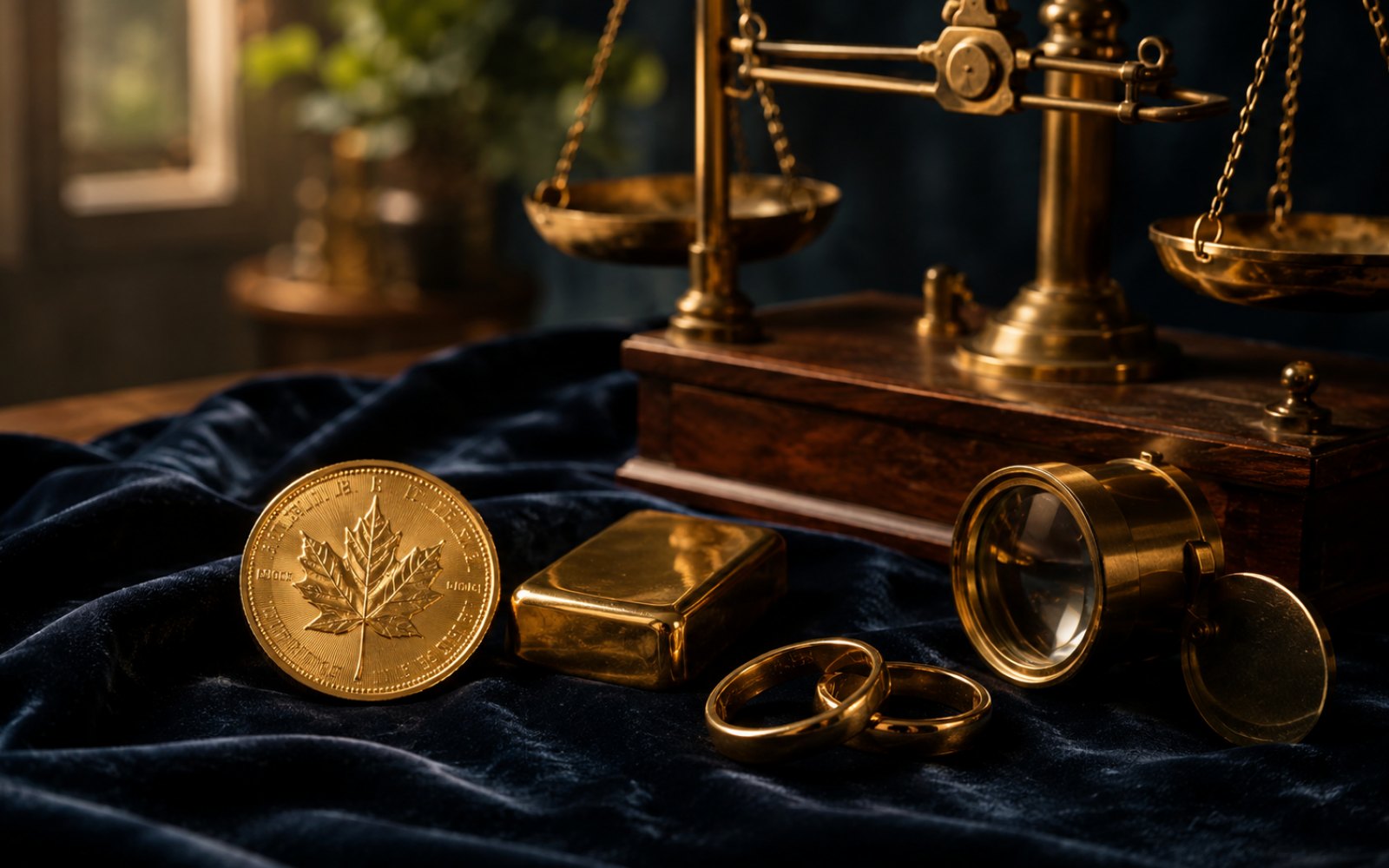 Schwere Goldkette, gravierter Trauring und Sovereign-Goldmuenze auf einer Schreibtischplatte, fotografiert fuer die Bewertung aus Barsbuettel im Hamburger Umland, Bewertungs-Lupe daneben.