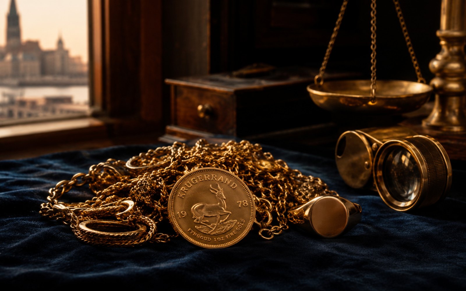 Schwere Goldkette, gravierter Trauring und Sovereign-Goldmuenze auf einer Schreibtischplatte, fotografiert fuer die Bewertung aus Hamburg-Lurup im Bezirk Altona, Bewertungs-Lupe daneben.