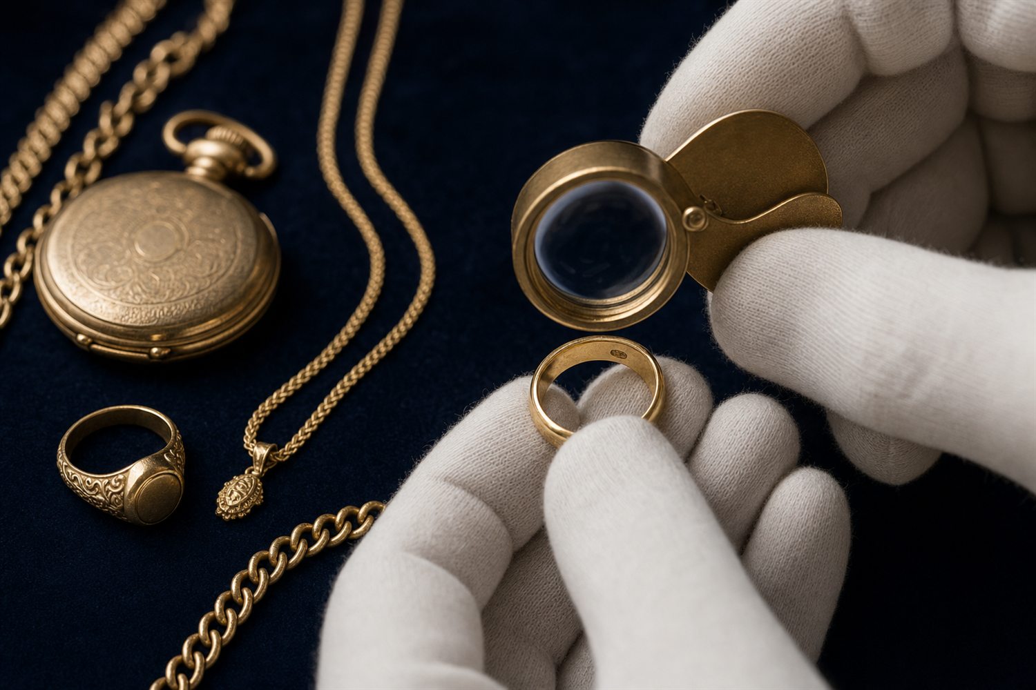 Wei&szlig; behandschuhte Hand pr&uuml;ft mit der Lupe die Punze eines Goldrings, daneben Goldketten und eine Taschenuhr auf Samt &ndash; Goldbewertung in Hamburg