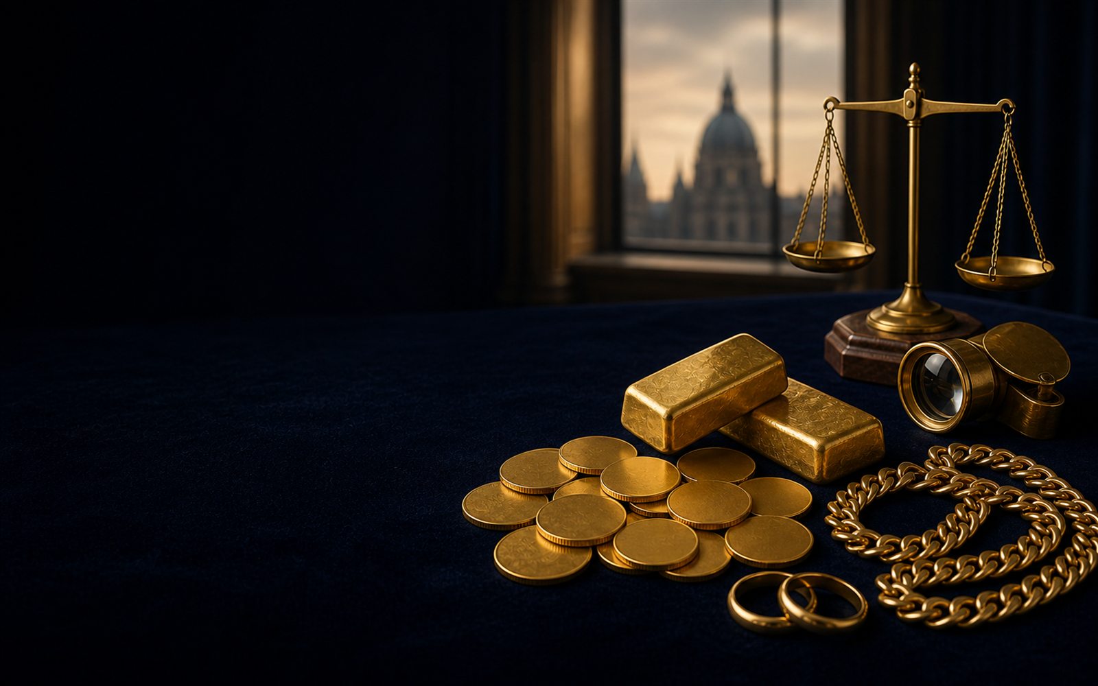 Goldbarren, Goldm&uuml;nzen und 750er Goldkette auf dunklem Samt, daneben Juwelierslupe und Feinwaage, im Hintergrund die Kuppel des Neuen Rathauses &ndash; Goldankauf in Hannover