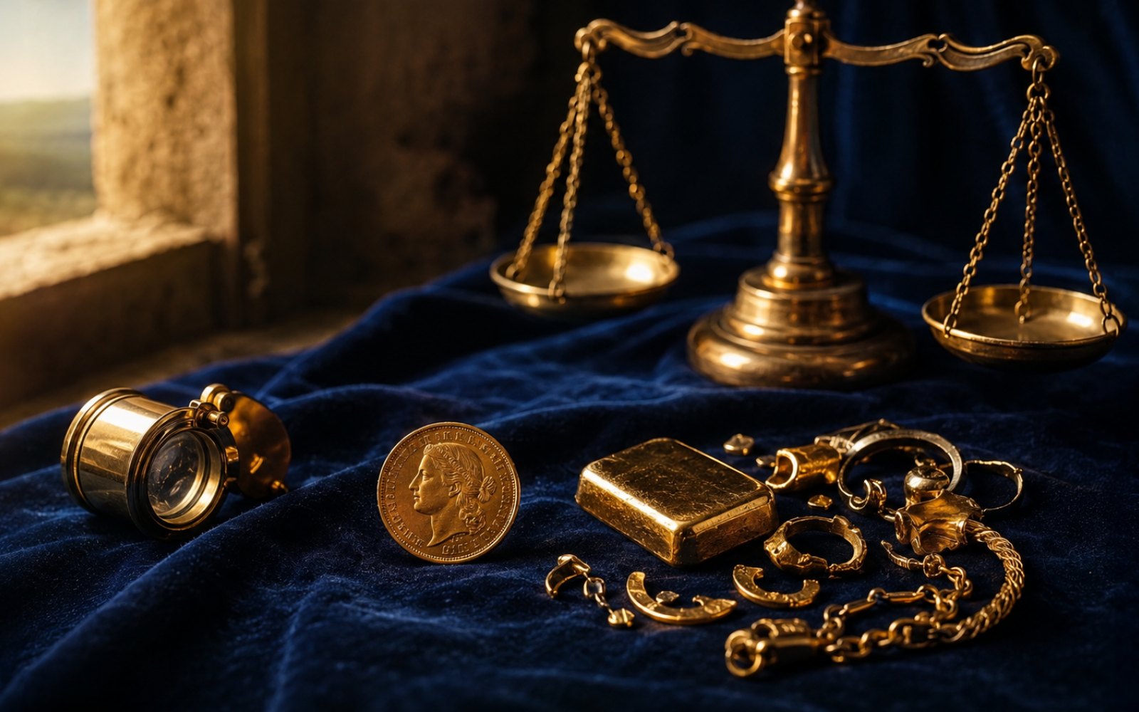 Schwere Goldkette, gravierter Siegelring und Sovereign-Goldmuenze auf einer Schreibtischplatte, fotografiert fuer die Bewertung aus Heidelberg-Neuenheim, Bewertungs-Lupe daneben.