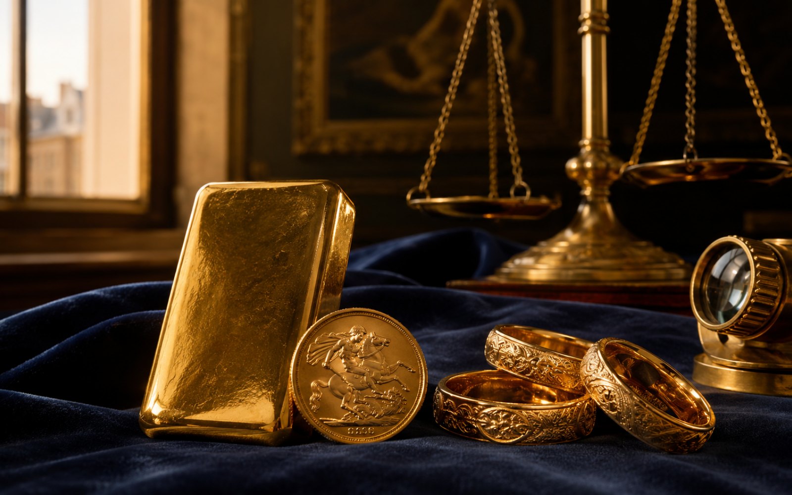 Schwere Goldkette, gravierter Trauring und Sovereign-Goldmünze auf einer Schreibtischplatte in einem Heinsberger Haus nahe dem Burgberg, Bewertungs-Lupe daneben.