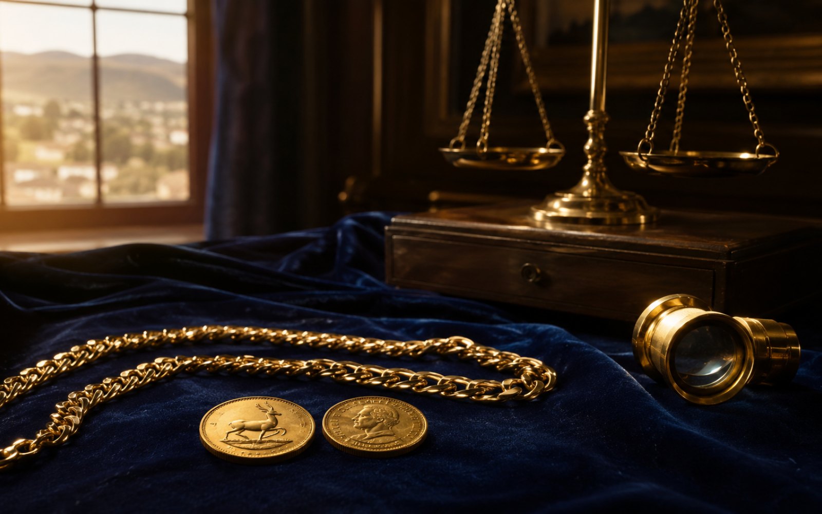 Schwere Goldkette, gravierter Trauring und Krügerrand-Münze auf einer Schreibtischplatte in einem Hennefer Haus im Siegtal, Bewertungs-Lupe daneben.