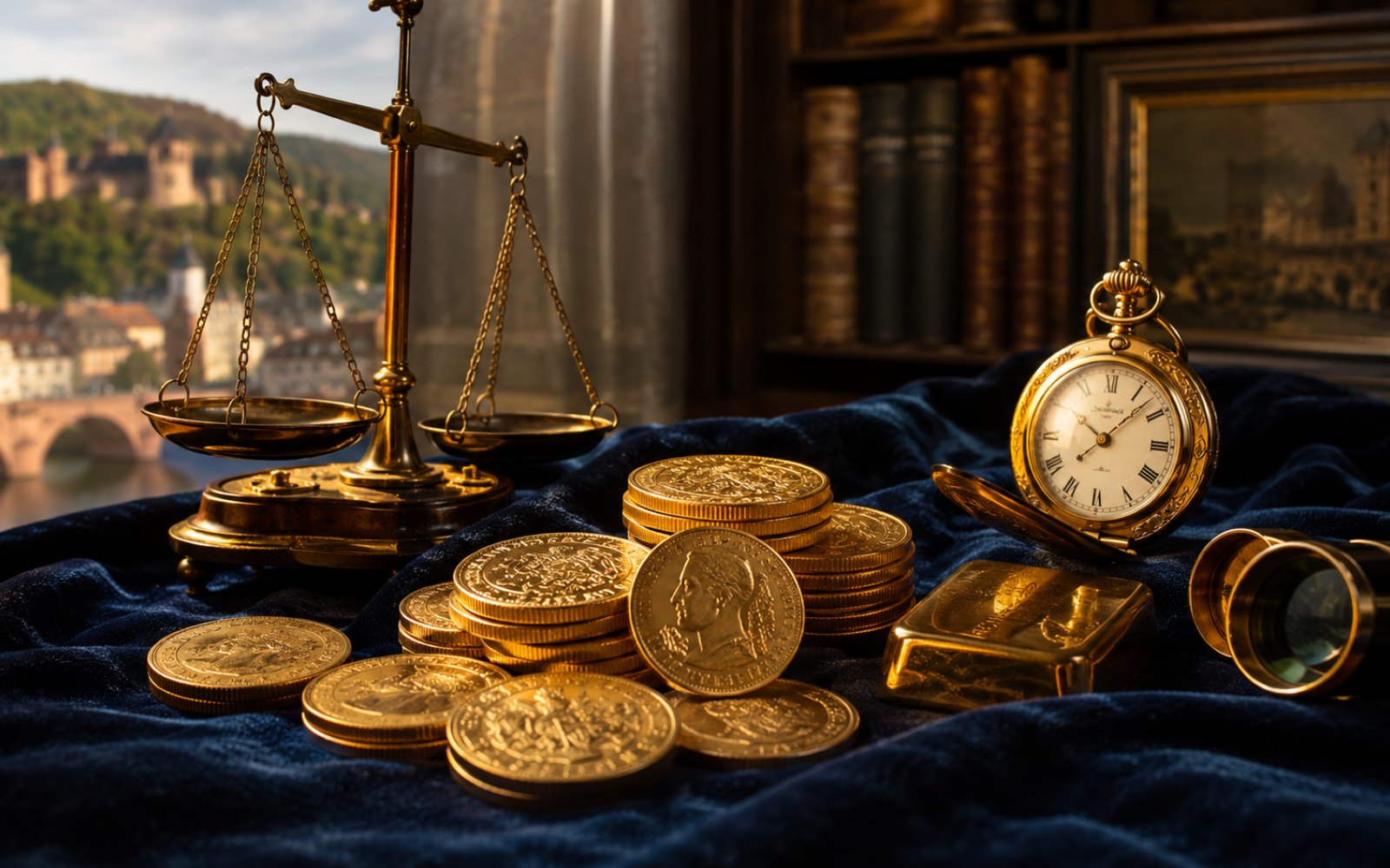 Schwere Goldkette, gravierter Siegelring und Sovereign-Goldmünze auf einer Schreibtischplatte in einem Herdecker Haus über dem Harkortsee, Bewertungs-Lupe daneben.