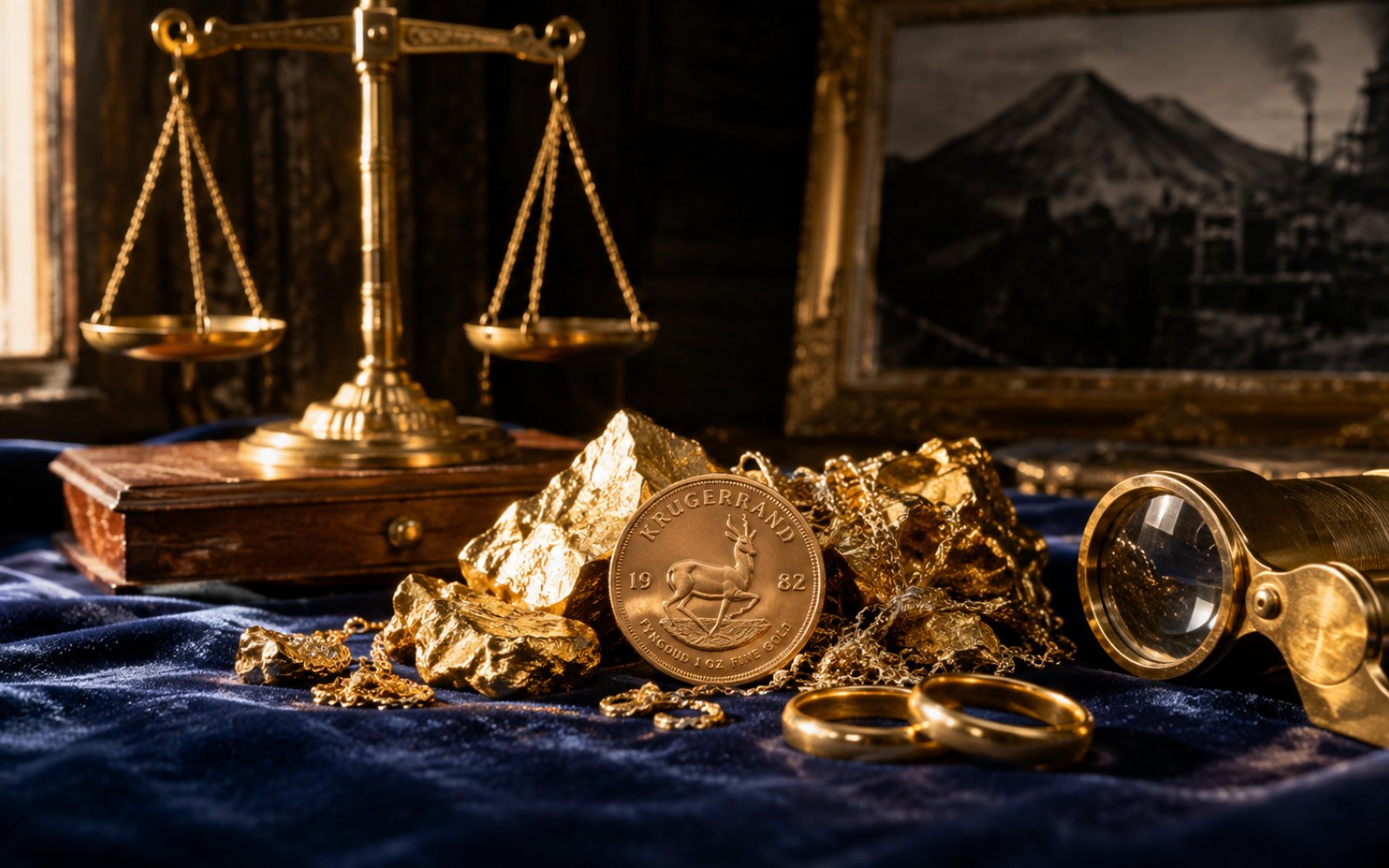Gravierter Bergmanns-Trauring der Zeche Sophia-Jacoba, schwere Goldkette und Krügerrand-Münze auf einer Eichen-Schreibtischplatte in H&uuml;ckelhoven, Bewertungs-Lupe daneben.