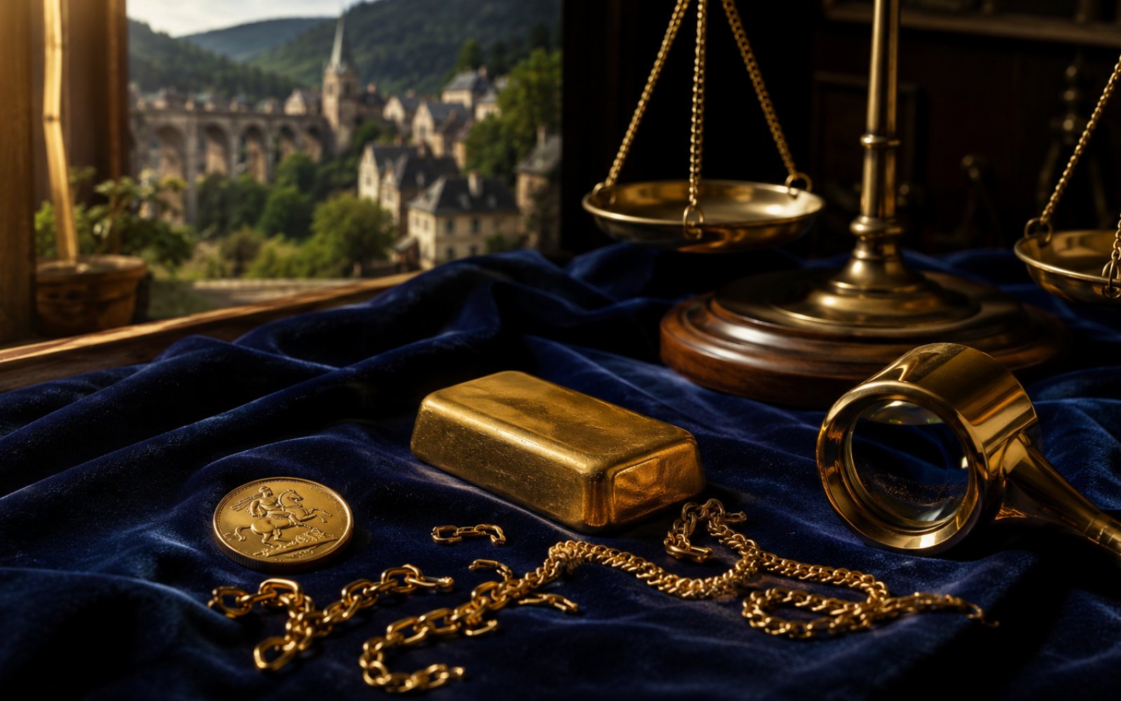 Schwere Goldkette, gravierter Siegelring und Kruegerrand-Muenze auf einer Schreibtischplatte, fotografiert fuer die Bewertung aus Idar-Oberstein, der Edelsteinstadt, Bewertungs-Lupe daneben.