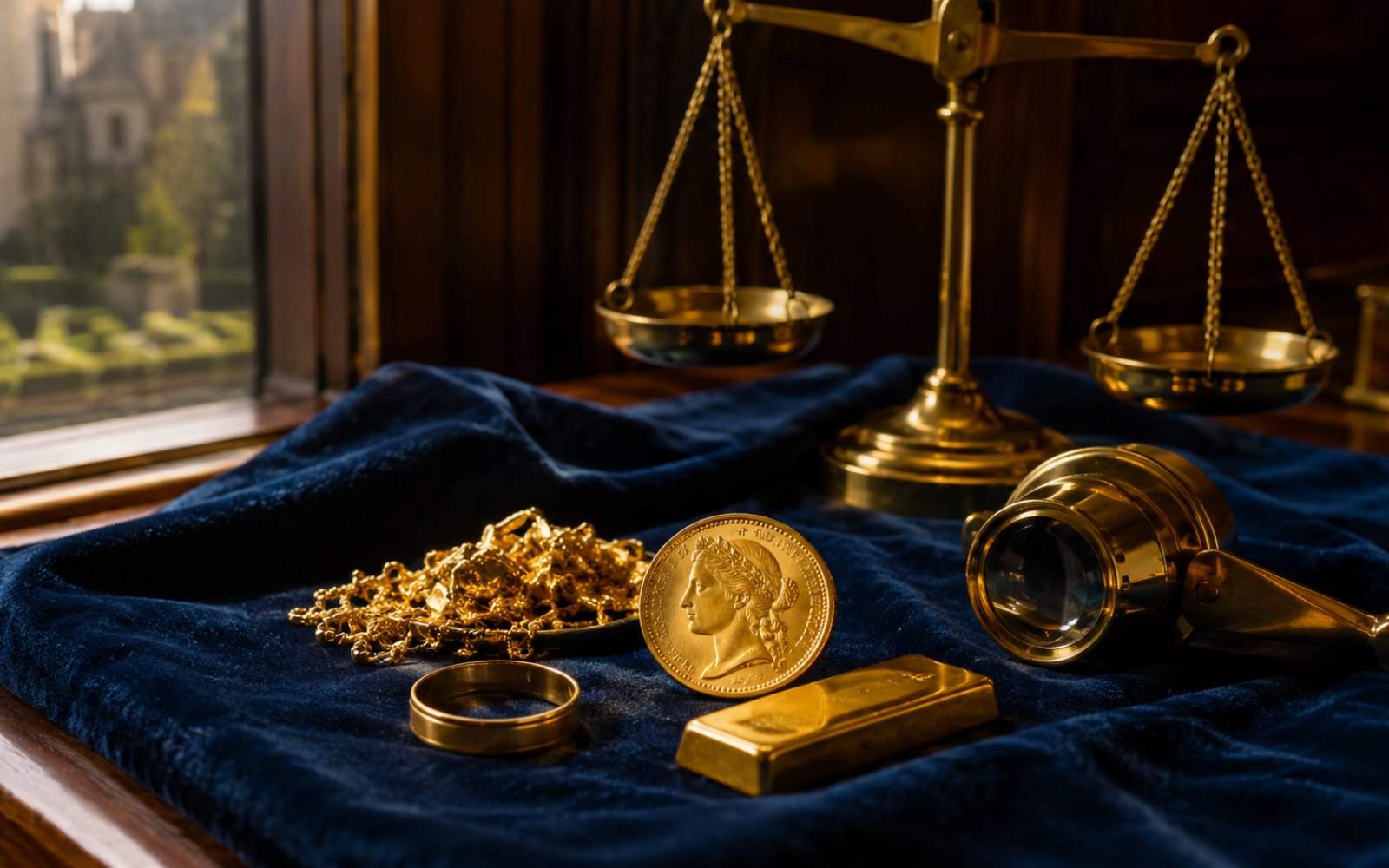 Schwere Goldkette, gravierter Siegelring und Krügerrand-Münze auf einer Schreibtischplatte in einem Iserlohner Haus in Letmathe, Bewertungs-Lupe daneben.