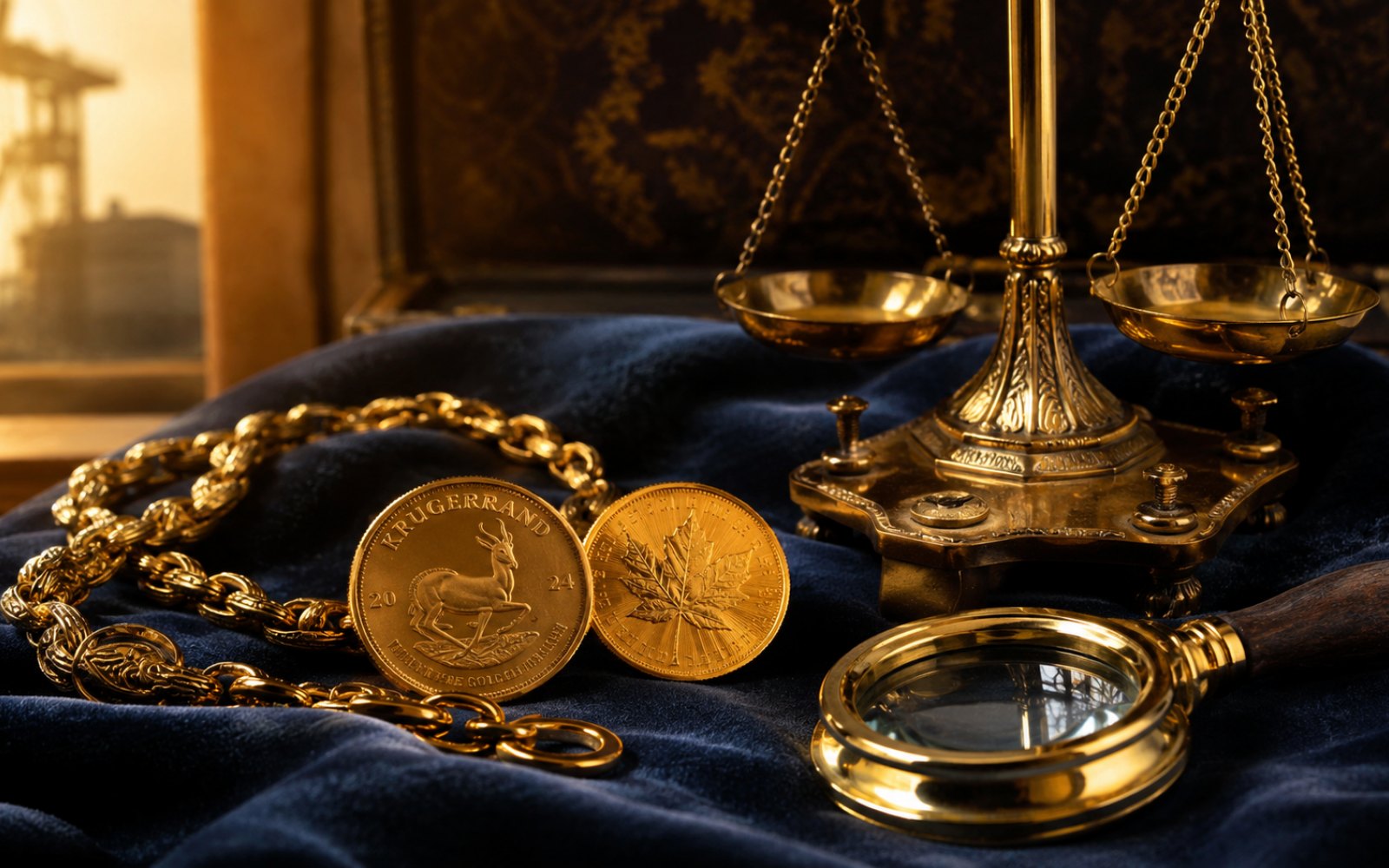 Gravierter Bergmanns-Trauring der Zeche Friedrich Heinrich, schwere Goldkette und Krügerrand-Münze auf einer Eichen-Schreibtischplatte in Kamp-Lintfort, Bewertungs-Lupe daneben.