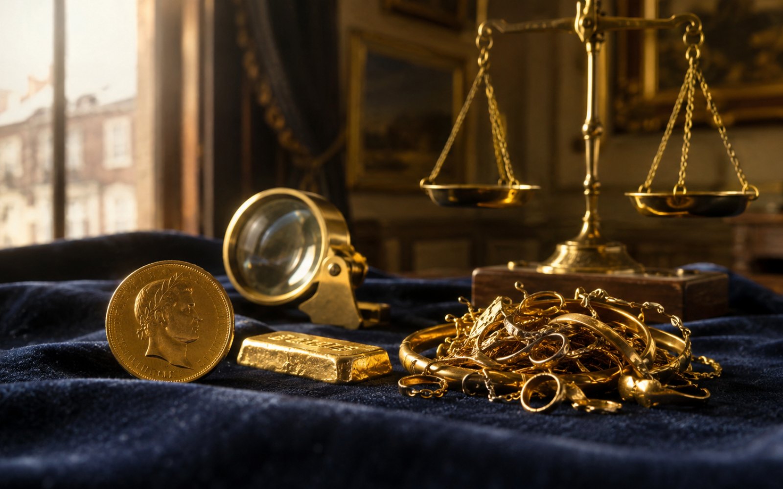 Schwere Goldkette, gravierter Trauring und Krügerrand-Münze auf einer Schreibtischplatte in einem Kerpener Haus in Sindorf, Bewertungs-Lupe daneben.