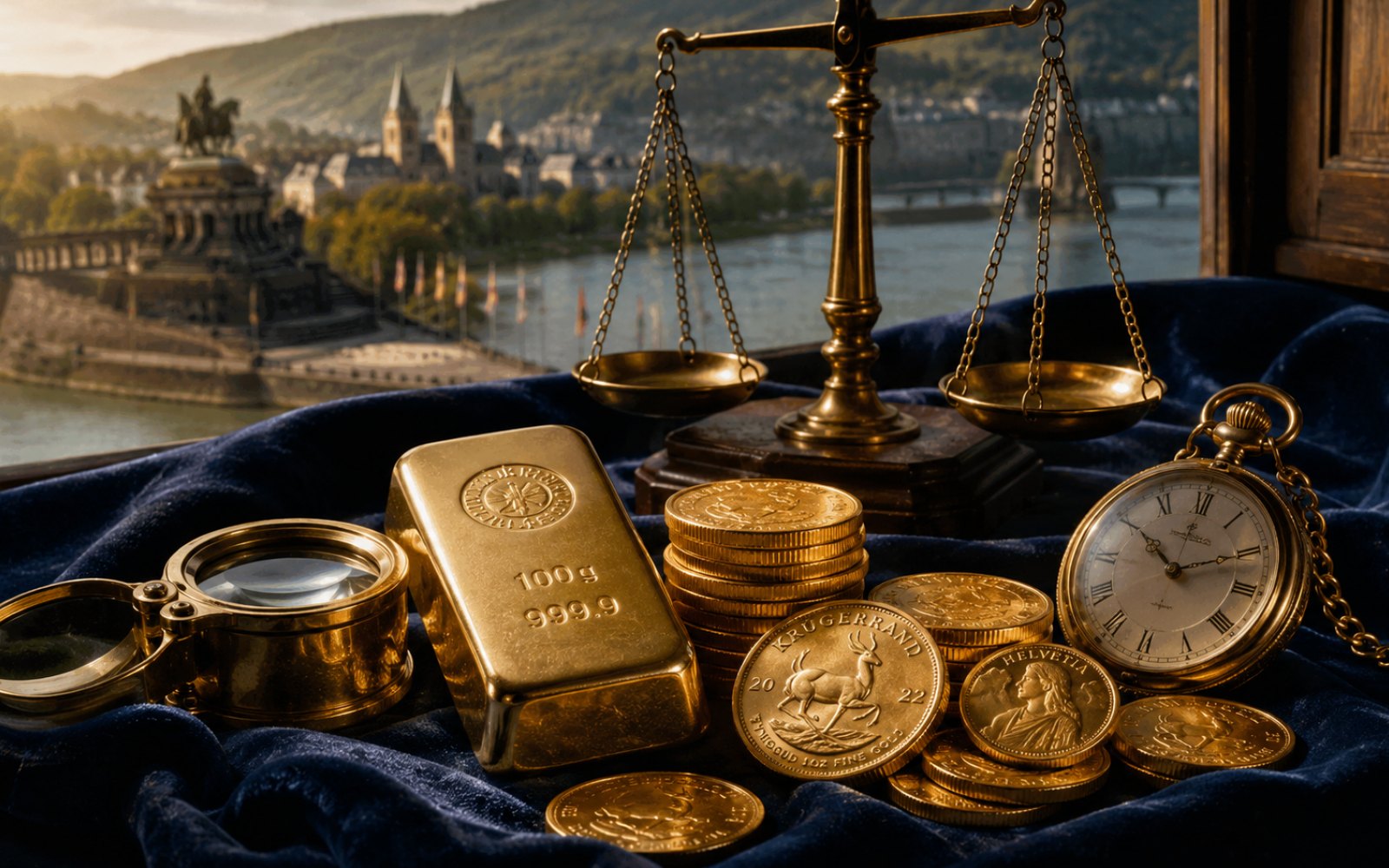 Schwere Goldkette, gravierter Trauring und Sovereign-Goldmünze auf einer Schreibtischplatte in einem Klever Haus unterhalb der Schwanenburg, Bewertungs-Lupe daneben.