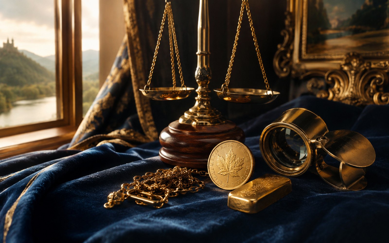 Schwere Goldkette, gravierter Siegelring und Sovereign-Goldmuenze auf einer Schreibtischplatte, fotografiert fuer die Bewertung aus Koblenz nahe dem Deutschen Eck, Bewertungs-Lupe daneben.