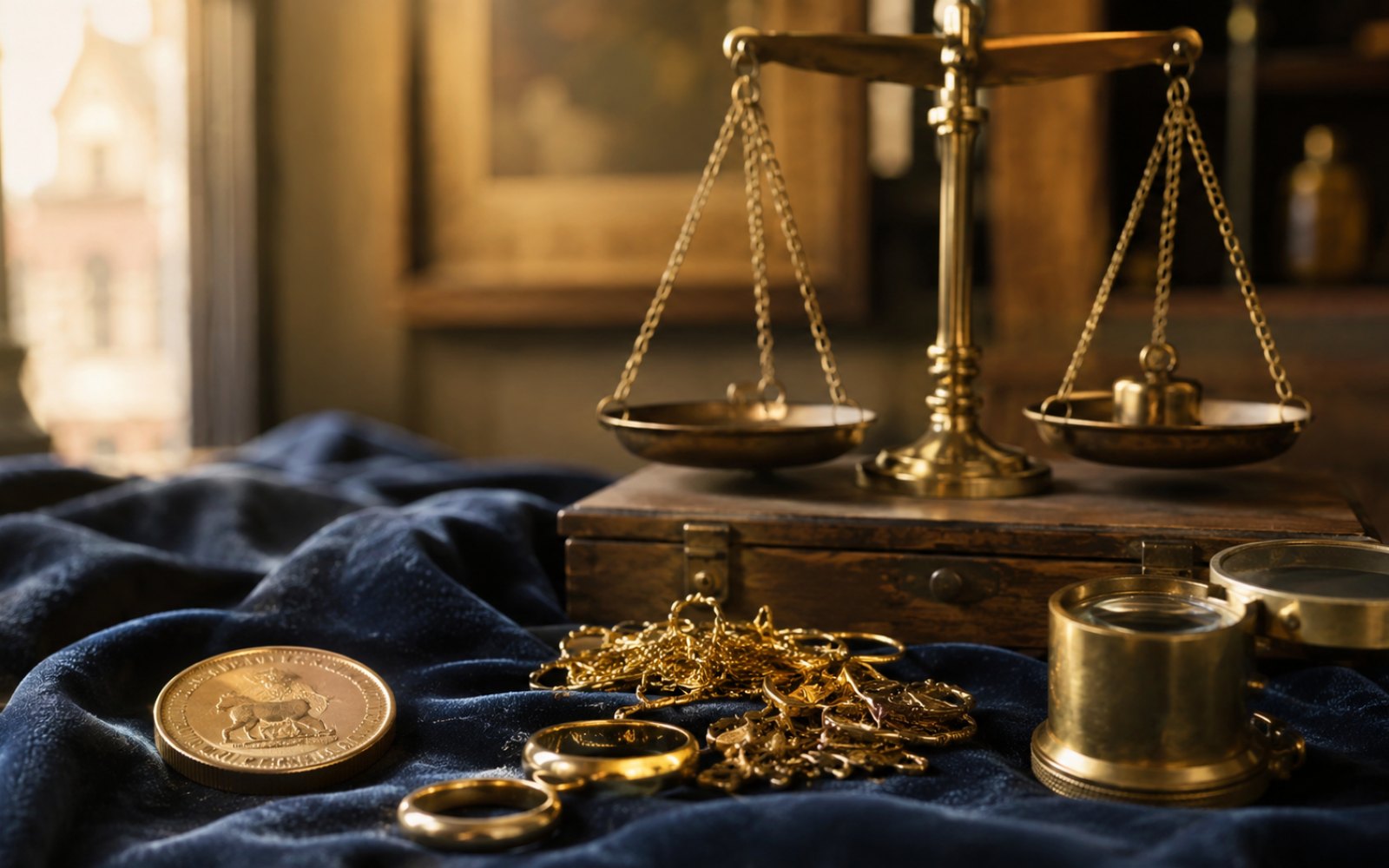 Schwere Goldkette, gravierter Trauring und Krügerrand-Münze auf einer Schreibtischplatte in einem Reihenhaus in Köln-Pesch im Kölner Norden, Bewertungs-Lupe daneben.