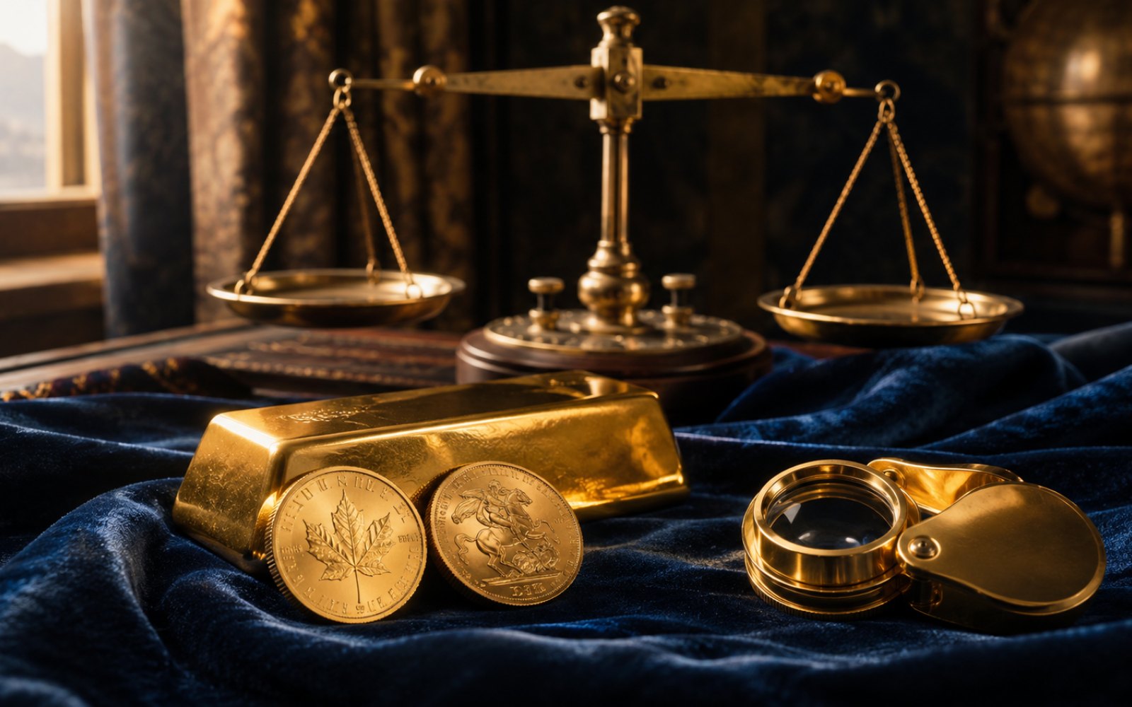 Schwere Goldkette, Krefelder Industriellen-Siegelring und Krügerrand-Münze auf einer Walnuss-Schreibtischplatte in Krefeld-Bockum, Bewertungs-Lupe daneben, Tageslicht durch Sprossenfenster.