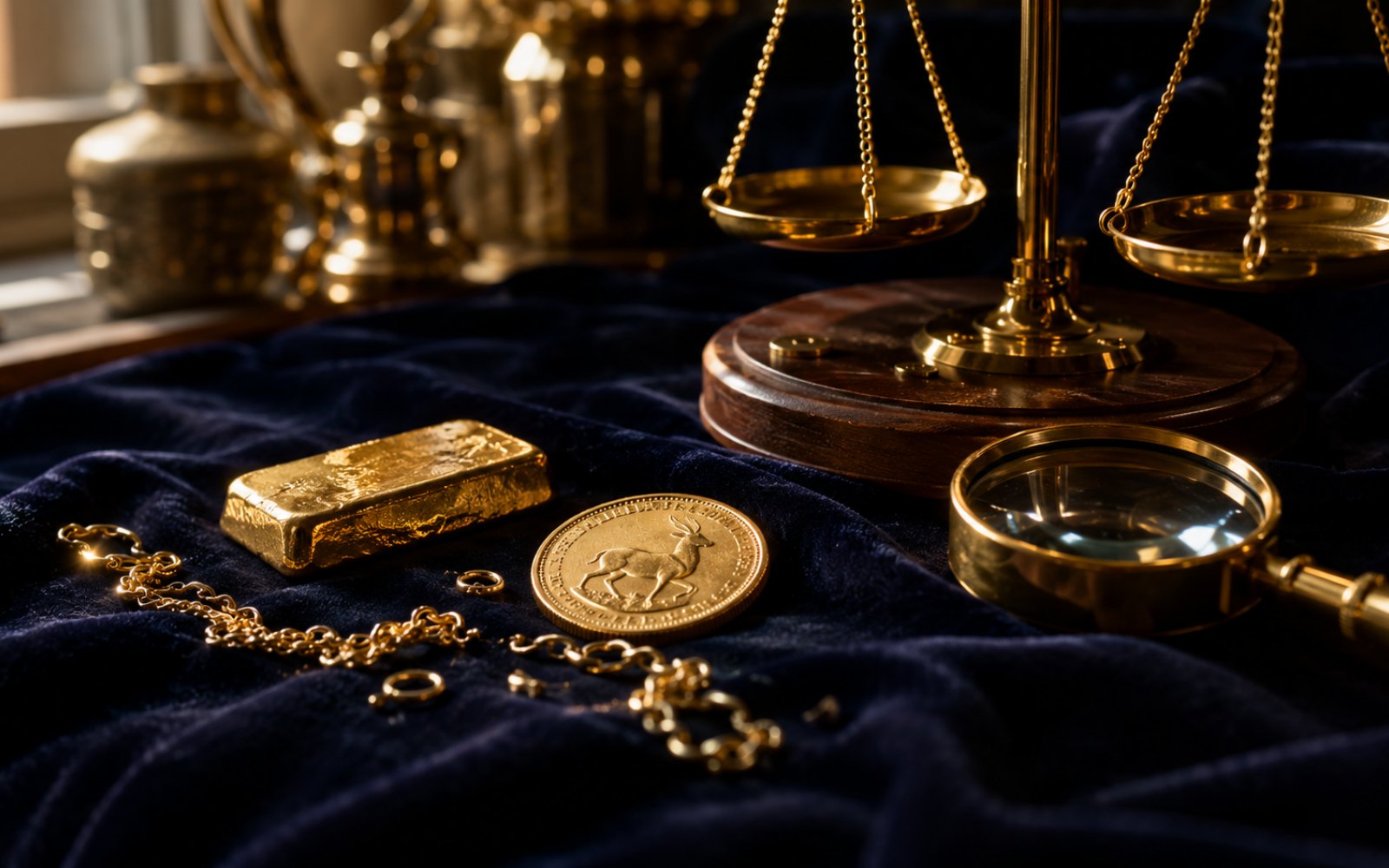 Schwere Goldkette, gravierter Trauring und Krügerrand-Münze auf einer Schreibtischplatte in einem Langenfelder Haus in Richrath, Bewertungs-Lupe daneben.