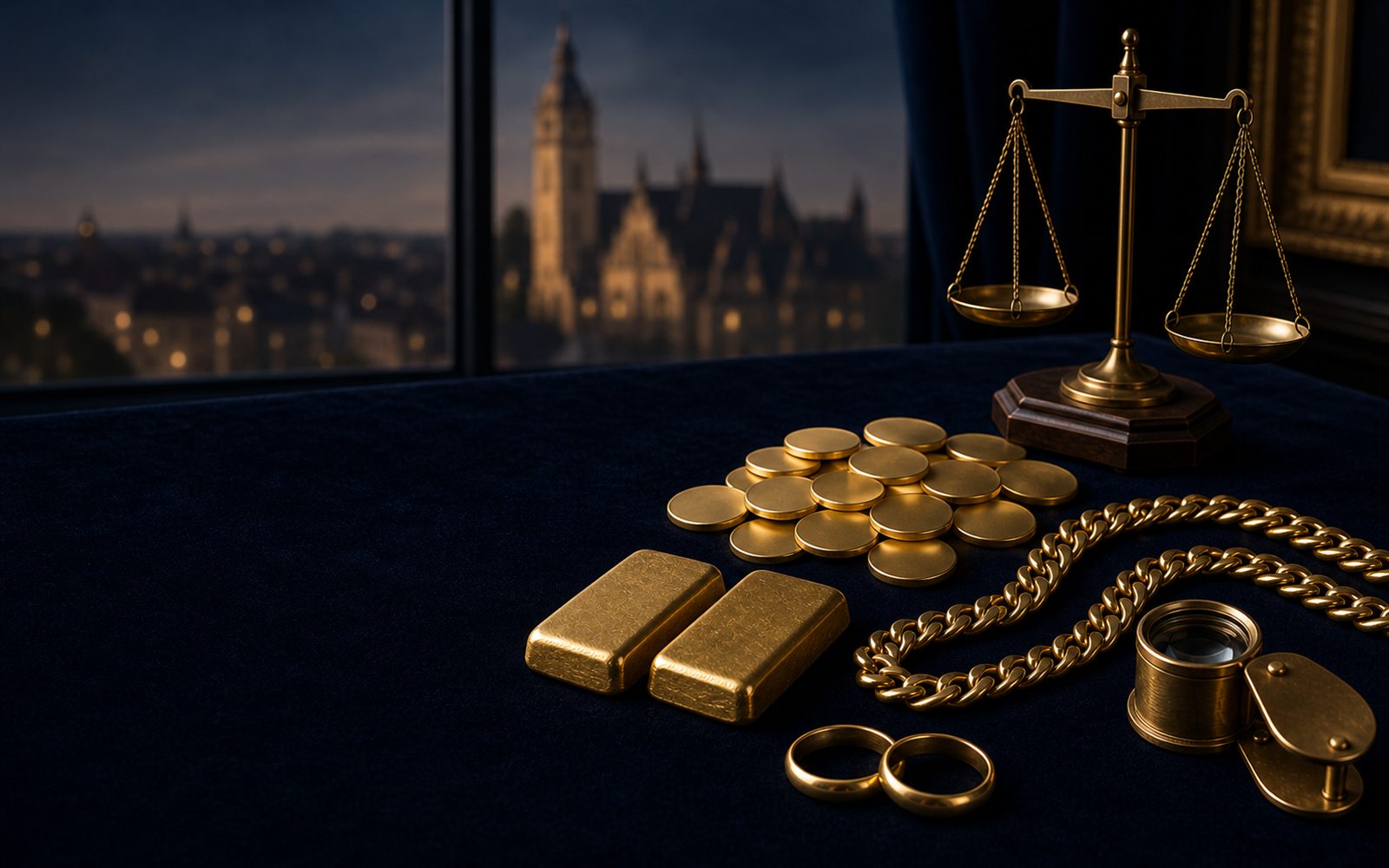 Goldbarren, Goldm&uuml;nzen und 750er Goldkette auf dunklem Samt, daneben Juwelierslupe und Feinwaage, im Hintergrund die Silhouette des V&ouml;lkerschlachtdenkmals &ndash; Goldankauf in Leipzig