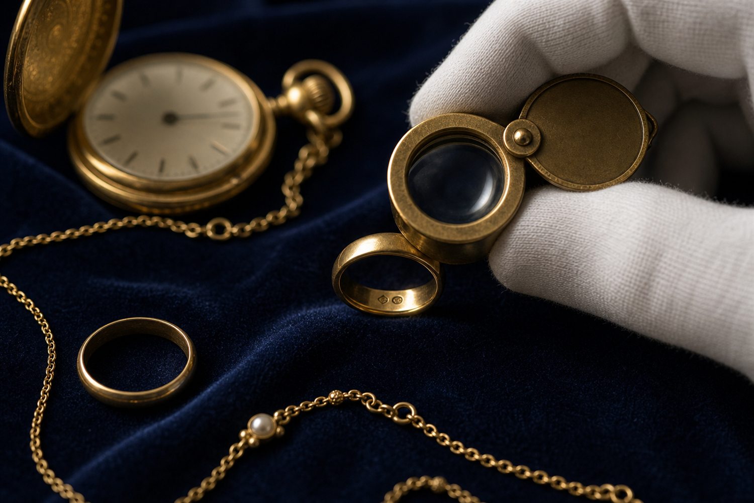 Wei&szlig; behandschuhte Hand pr&uuml;ft mit der Lupe die Punze eines Goldrings, daneben Goldketten und eine Taschenuhr auf Samt &ndash; Goldbewertung in Leipzig