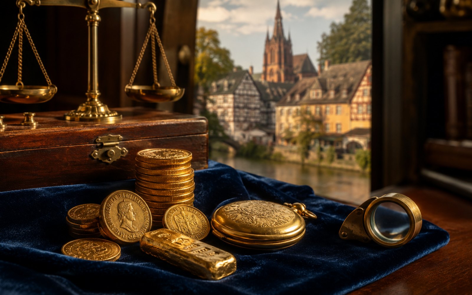 Schwere Goldkette, gravierter Trauring und Sovereign-Goldmünze auf einer Schreibtischplatte in einem Leverkusener Haus in Schlebusch, Bewertungs-Lupe daneben.