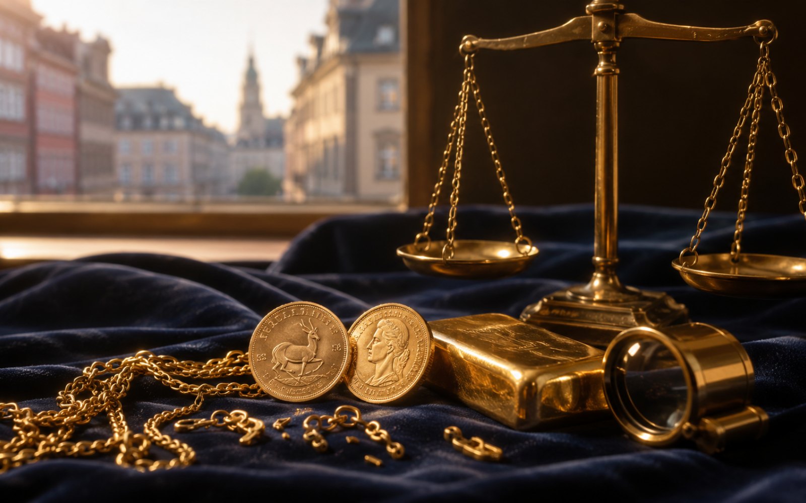 Schwere Goldkette, gravierter Trauring und Sovereign-Goldmuenze auf einer Schreibtischplatte, fotografiert fuer die Bewertung aus Limburg an der Lahn nahe dem Dom, Bewertungs-Lupe daneben.