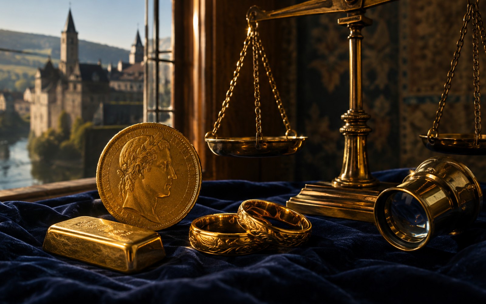 Schwere Goldkette, Mannheimer Kaufmanns-Siegelring und Kruegerrand-Muenze auf einer Walnuss-Schreibtischplatte, fotografiert fuer die Bewertung aus Mannheim-Lindenhof, Bewertungs-Lupe daneben.