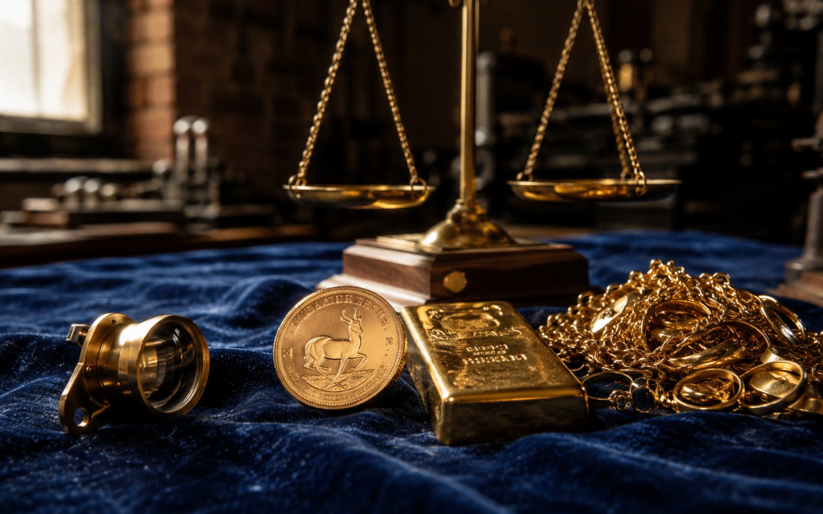 Schwere Goldkette, gravierter Trauring und Krügerrand-Münze auf einer Schreibtischplatte in einem Mönchengladbacher Haus in Rheydt, Bewertungs-Lupe daneben, Tageslicht durch Sprossenfenster.