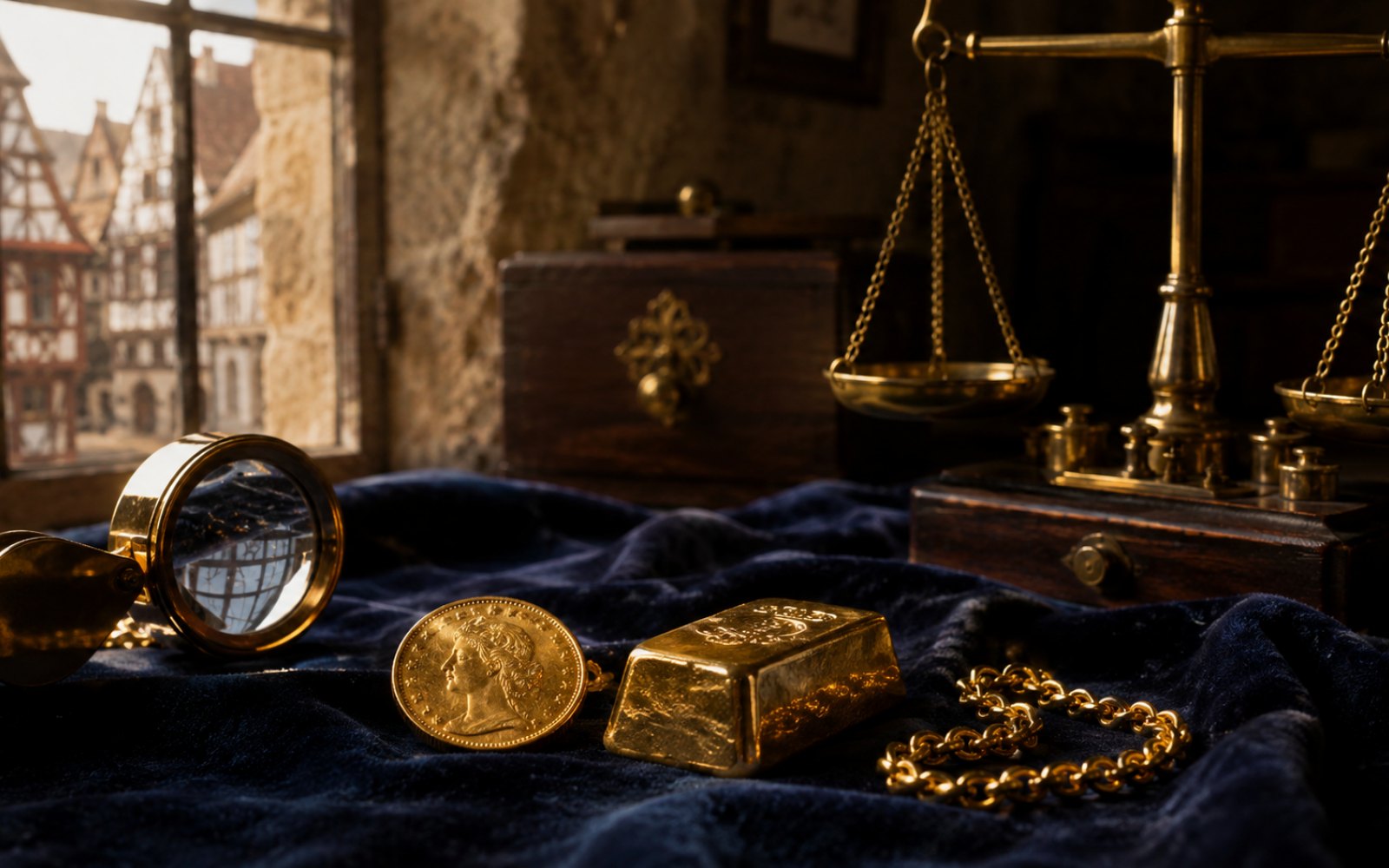 Schwere Goldkette, gravierter Bergmanns-Trauring und Krügerrand-Münze auf einer Schreibtischplatte in einem Moerser Haus nahe dem Schlosspark, Bewertungs-Lupe daneben.