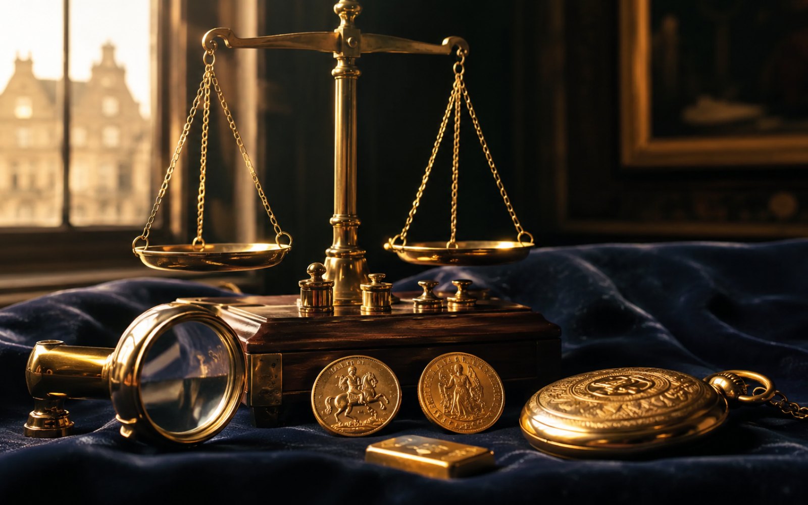 Schwere Goldkette, gravierter Siegelring und Kruegerrand-Muenze auf einer Schreibtischplatte, fotografiert fuer die Bewertung aus Montabaur im Westerwald, Bewertungs-Lupe daneben.