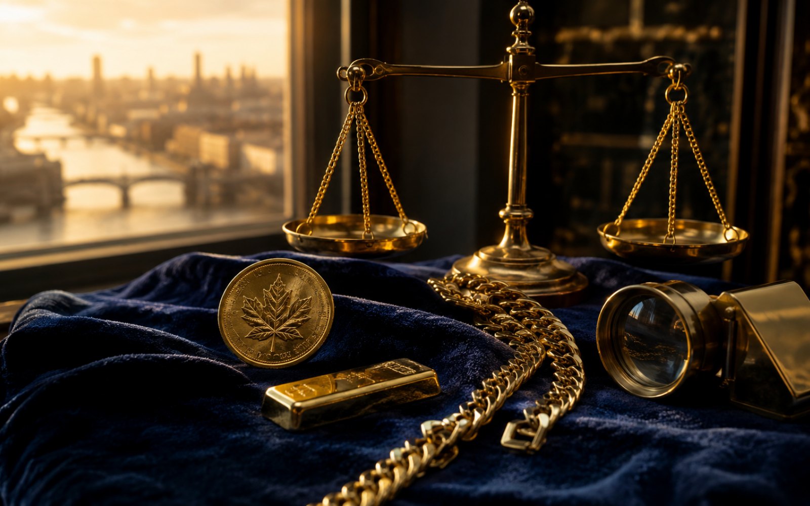 Schwere Goldkette, gravierter Siegelring und Kruegerrand-Muenze auf einer Schreibtischplatte, fotografiert fuer die Bewertung aus Muenchen-Schwabing, Bewertungs-Lupe daneben.